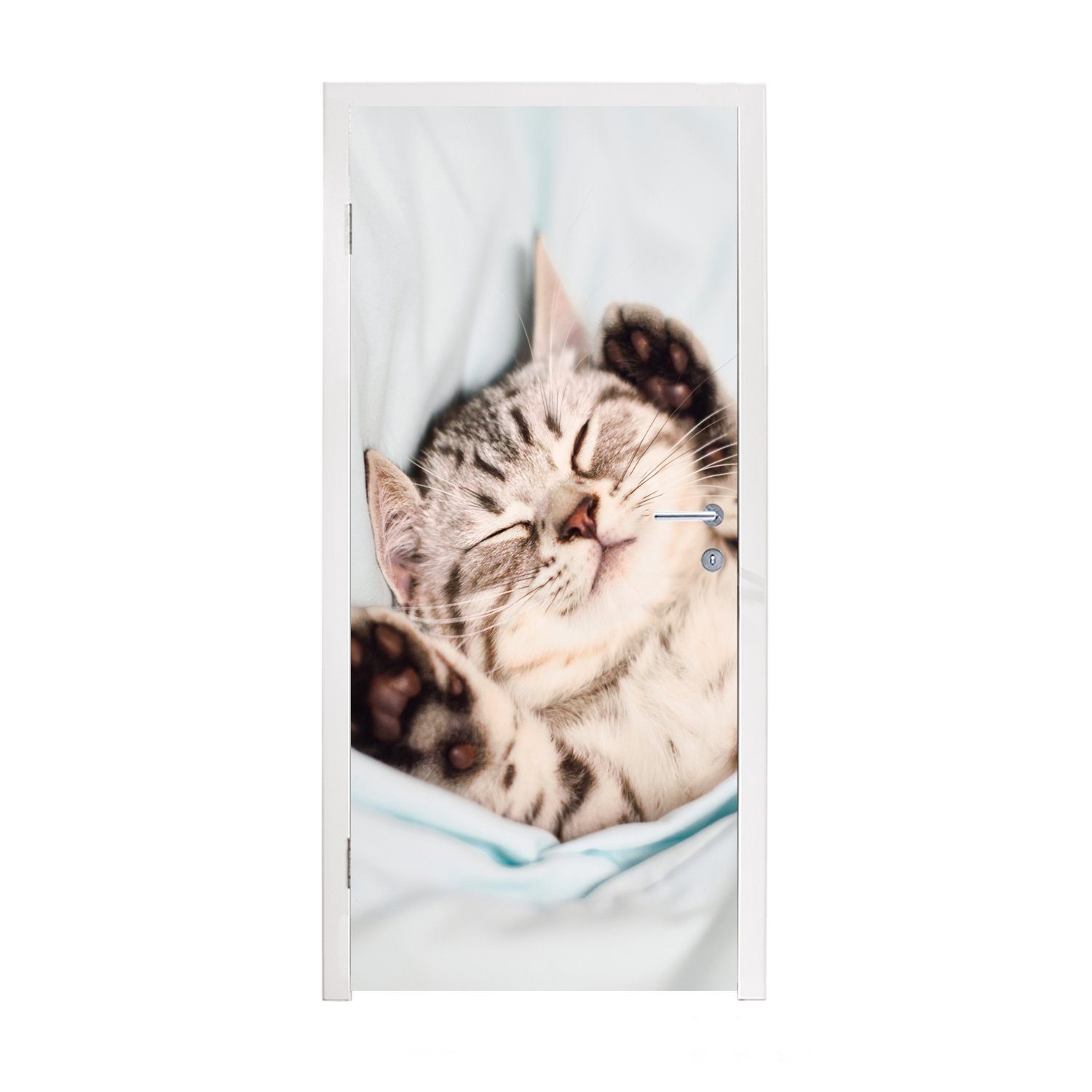 MuchoWow Türtapete Kätzchen - Lustig - Bett - Kinder - Jungen - Mädchen - Kinder, Matt, bedruckt, (1 St), Fototapete für Tür, Türaufkleber, 75x205 cm