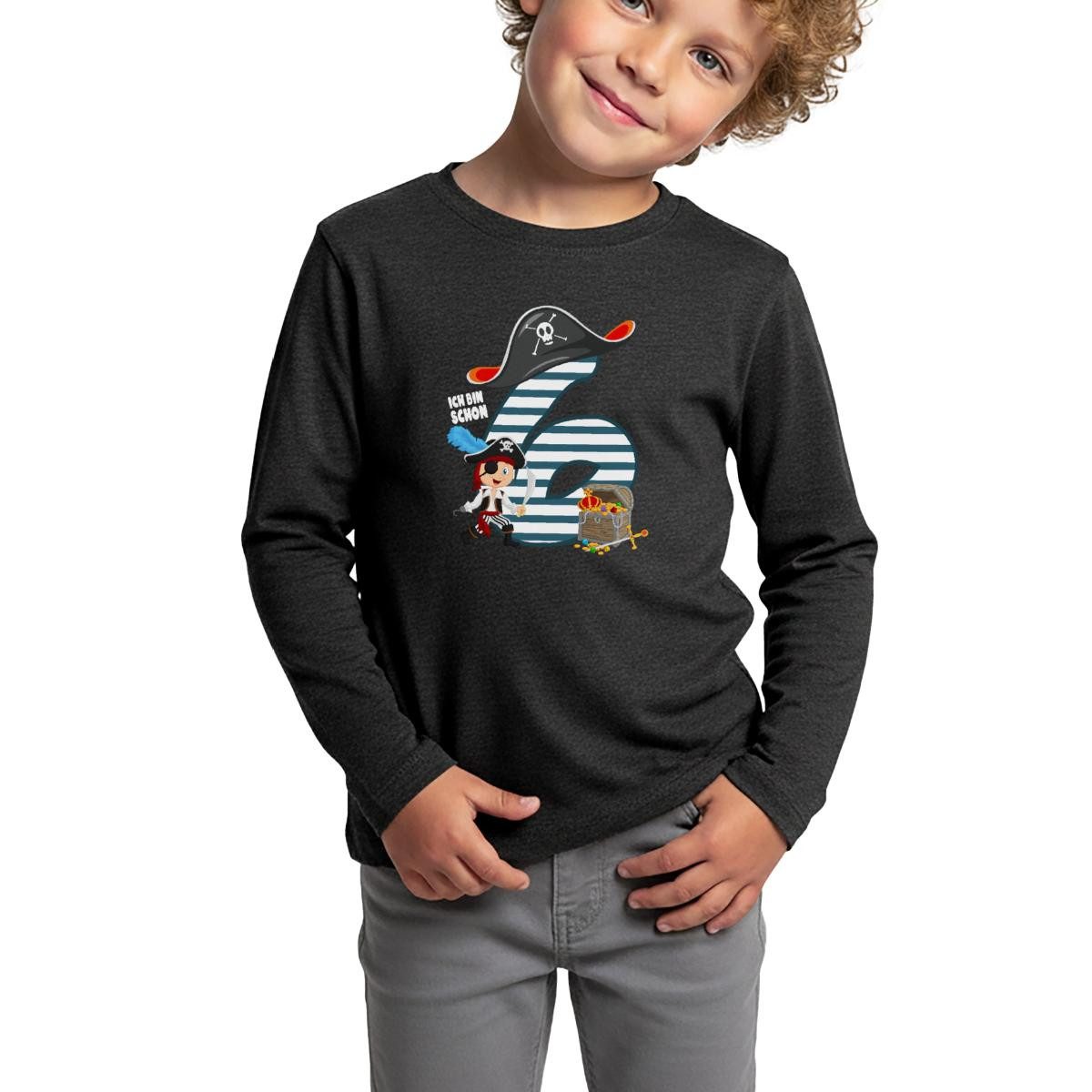 T-Shirt 6. Geburtstag Ich Bin Schon Sechs Pirat Schatz Kinder Premium Langarms