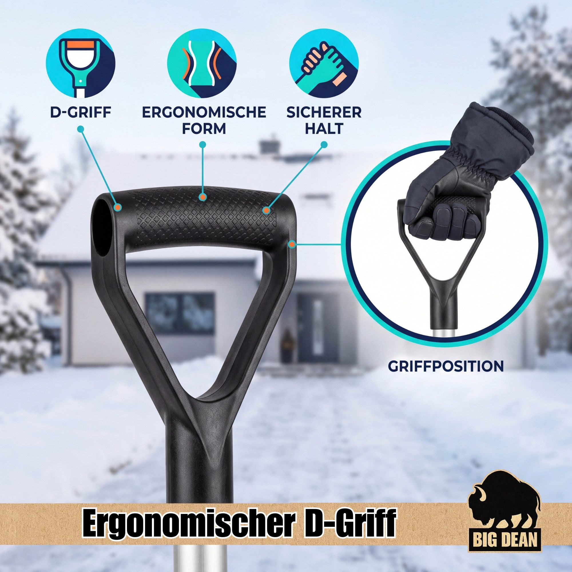 BigDean Schneeschieber groß Profi Schneeschaufel mit Alustiel, 55 cm Arbeitsbreite, Alustiel Metallkante D-Griff – Bild 3 von 5