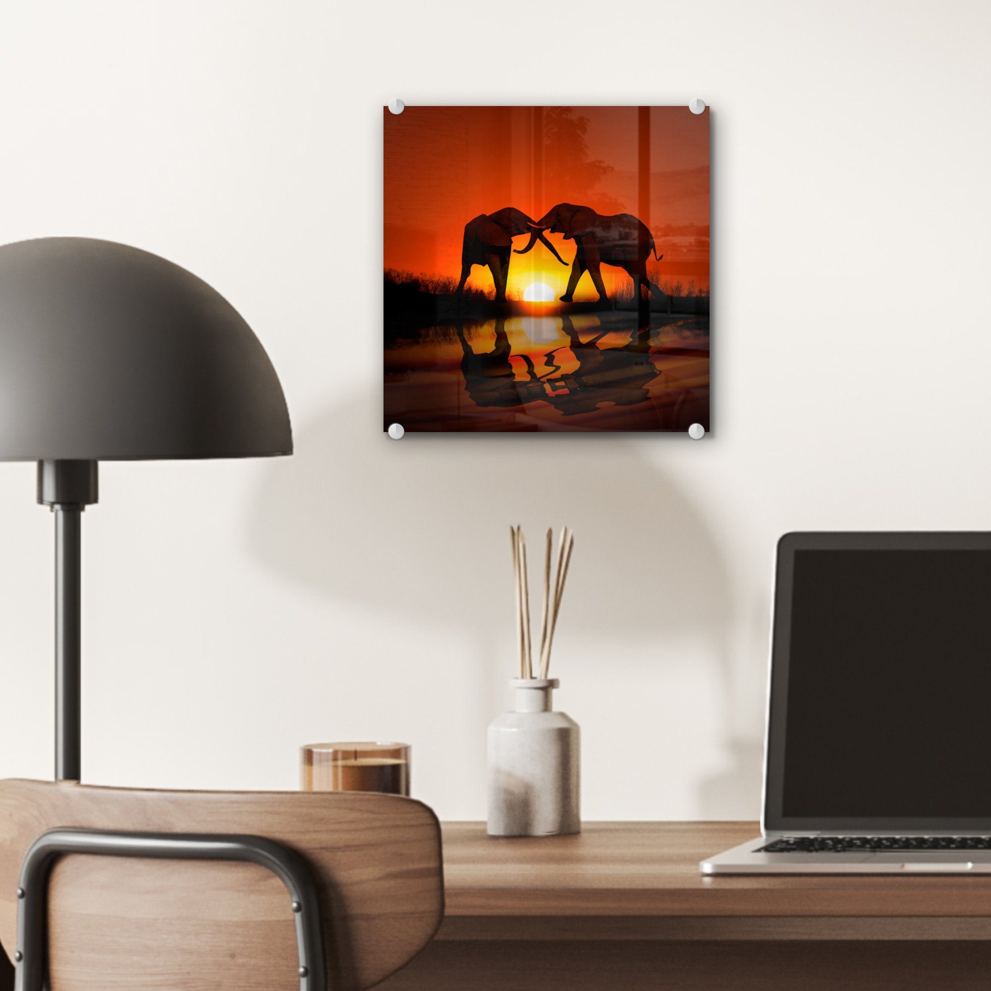 bei Wandbild Foto St), Sonnenuntergang, Bilder Glasbilder Elefantenpaar - bunt Glas auf - Wanddekoration Acrylglasbild (1 - auf Glas MuchoWow