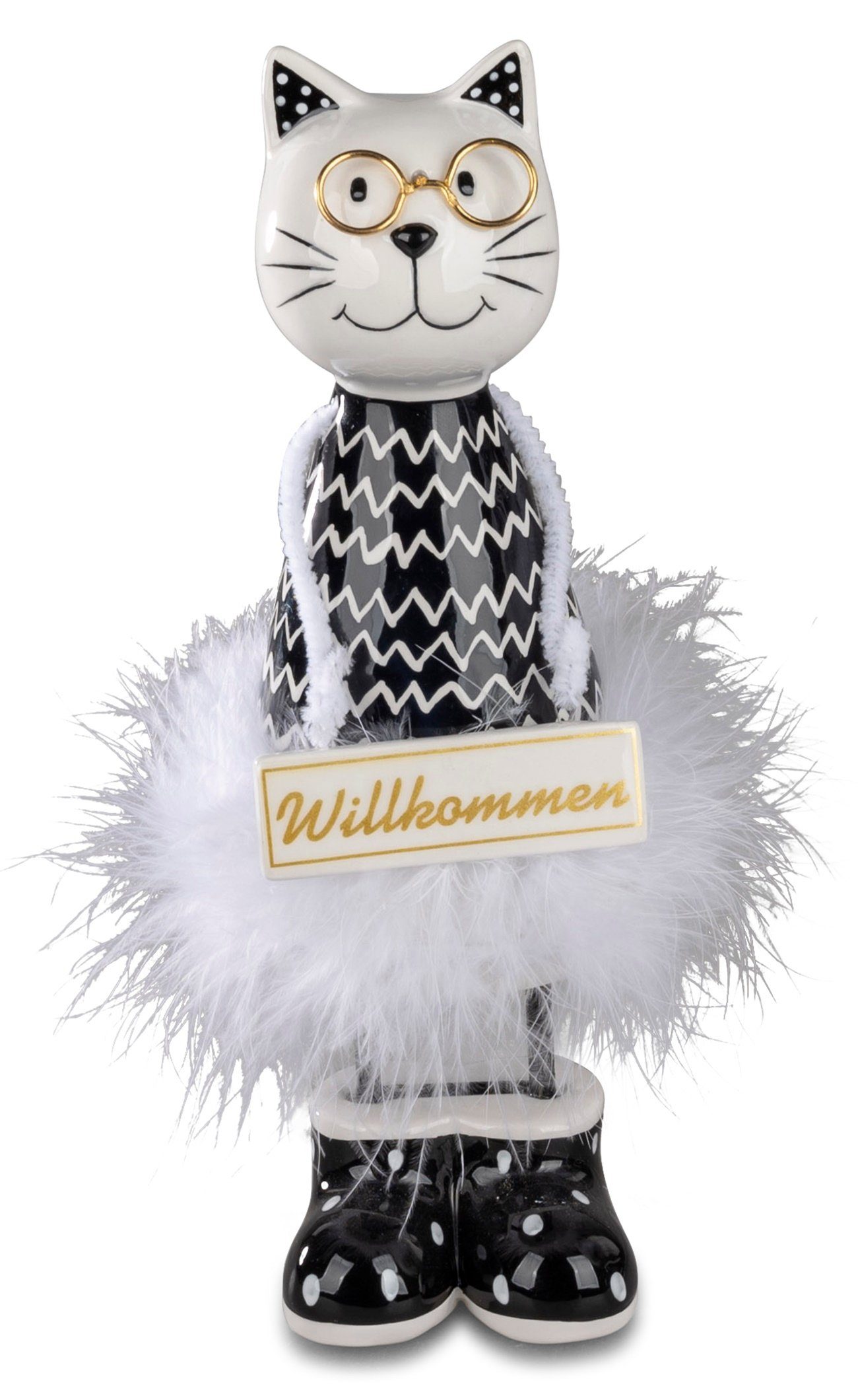 dekojohnson Dekofigur Deko-Katze schwarz weiß Willkommens-Schild 28cm | Dekofiguren