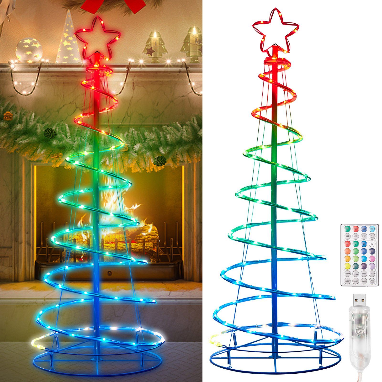 Sunicol LED-Lichterkette 1.2m/1.5m/1.8m Weihnachtsbaum Bäume Licht, RGBW Beleuchtung Deko, 12 Beleuchtungsmodi, Timer&Fernsteuerung, Zusammenklappbar, USB