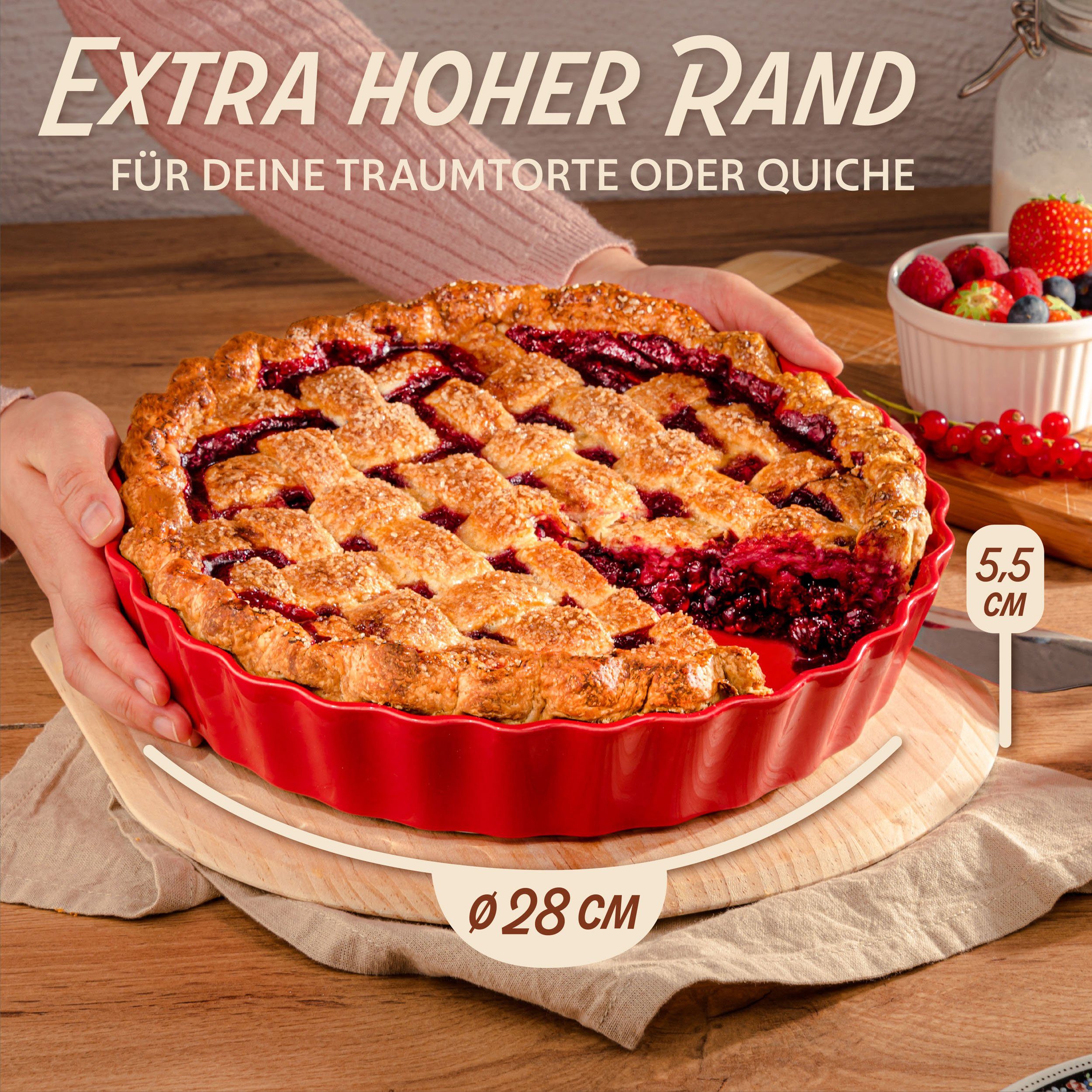 Praknu Auflaufform Keramik-Tarteform 28cm 1 St. Antihaft hoher Rand, Ofen 280°C, Farben, Porzellan - Keramik, (1-St), Mit Antihaftbeschichtung - Einfach zu Reinigen - Plastikfrei Verpackt