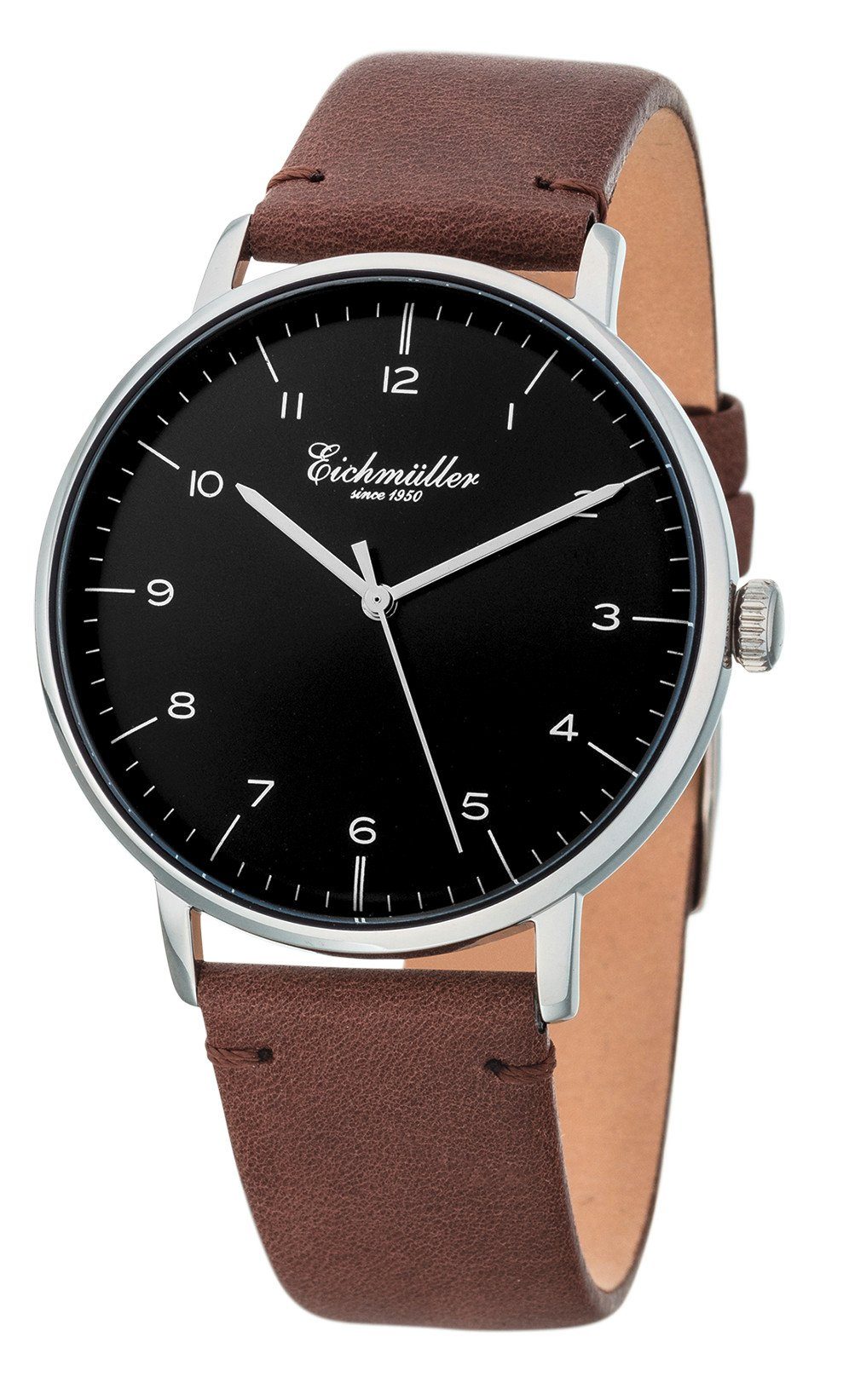 Eichmüller Quarzuhr Herrenuhr Schwarz 41 Braun 3033-03 mm Lederband