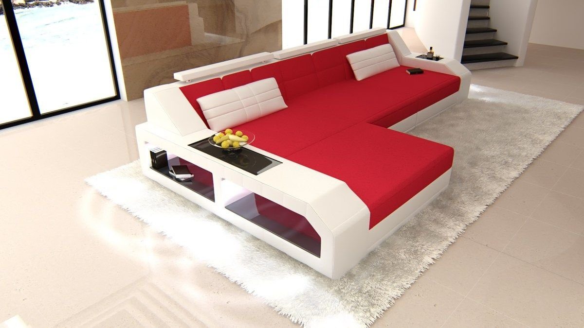 Sofa Dreams Ecksofa Stoff Couch Sofa Arezzo L Form Couch Stoffsofa, mit LED, wahlweise mit Bettfunktion als Schlafsofa, Designersofa C134 Rot-Weiss