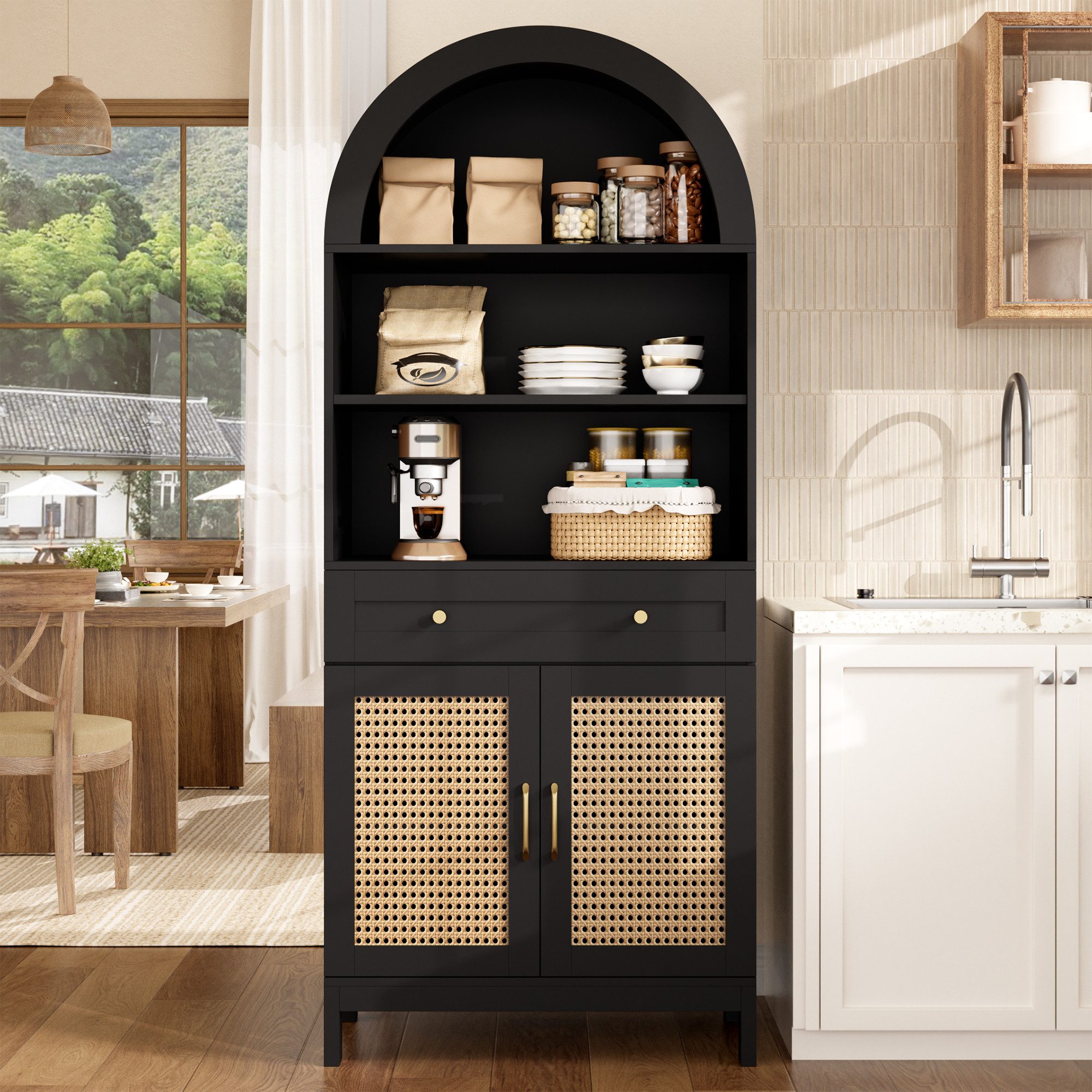 i@home Vitrine Hochschrank, Moderner gewölbter Vitrinen- und Aufbewahrungsschrank für Wohnzimmer und Flur, Schwarz + Holzoptik, Maße: 70 × 40 × 170 cm