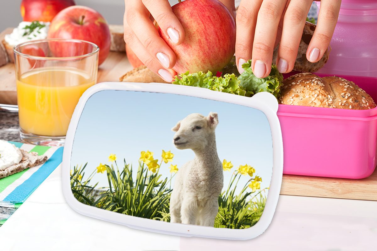 MuchoWow Lunchbox Snackbox, rosa Brotbox - - Frühling, Brotdose Schafe Mädchen, (2-tlg), Blumen Kinder, für Erwachsene, Kunststoff, Kunststoff