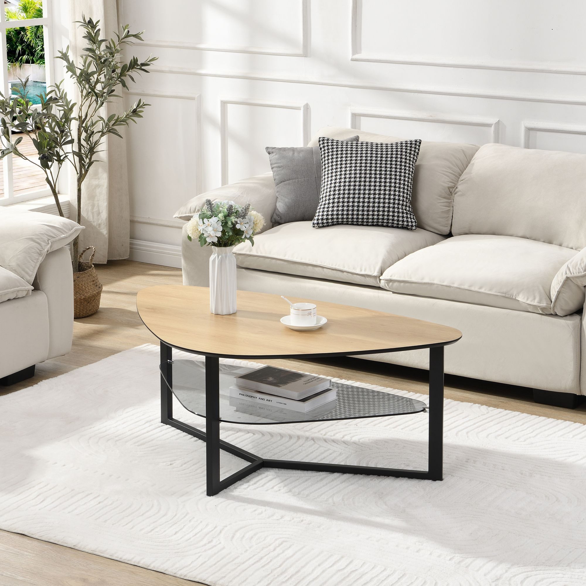FINEBUY Couchtisch FB111830 Wohnzimmertisch Nierenförmig Eiche Optik Glas A günstig online kaufen
