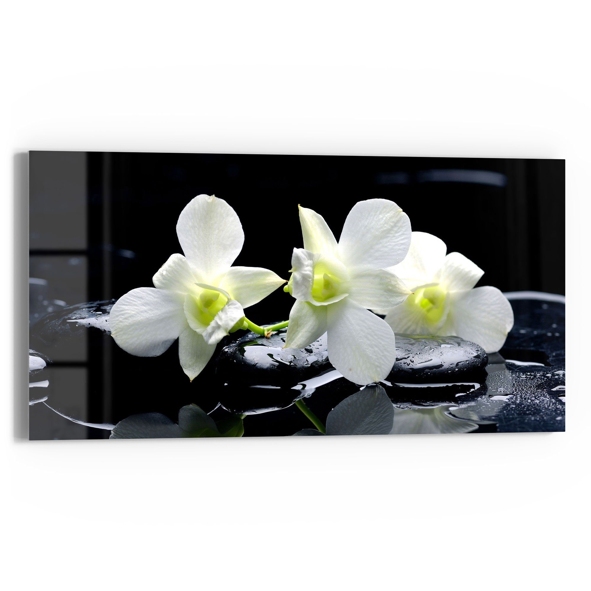 DEQORI Glasbild 'Orchidee mit Zen-Steinen', 'Orchidee mit Zen-Steinen', Glas Wandbild Bild schwebend modern
