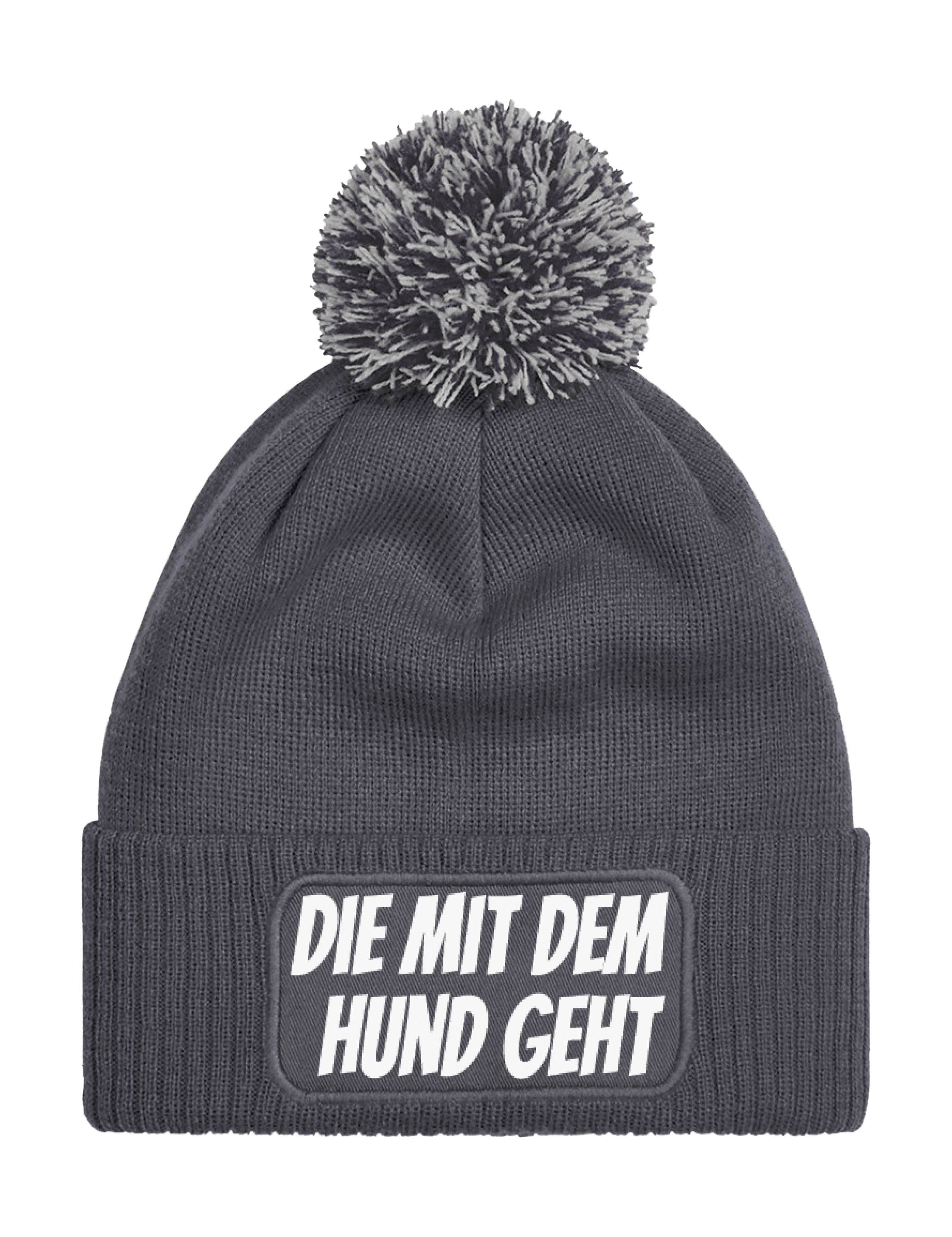 Youth Designz Bommelmütze Damen Strick Bommel Beanie Mütze mit "DIE MIT DEM HUND GEHT" Aufdruck mit lustigem Spruch für Frauen
