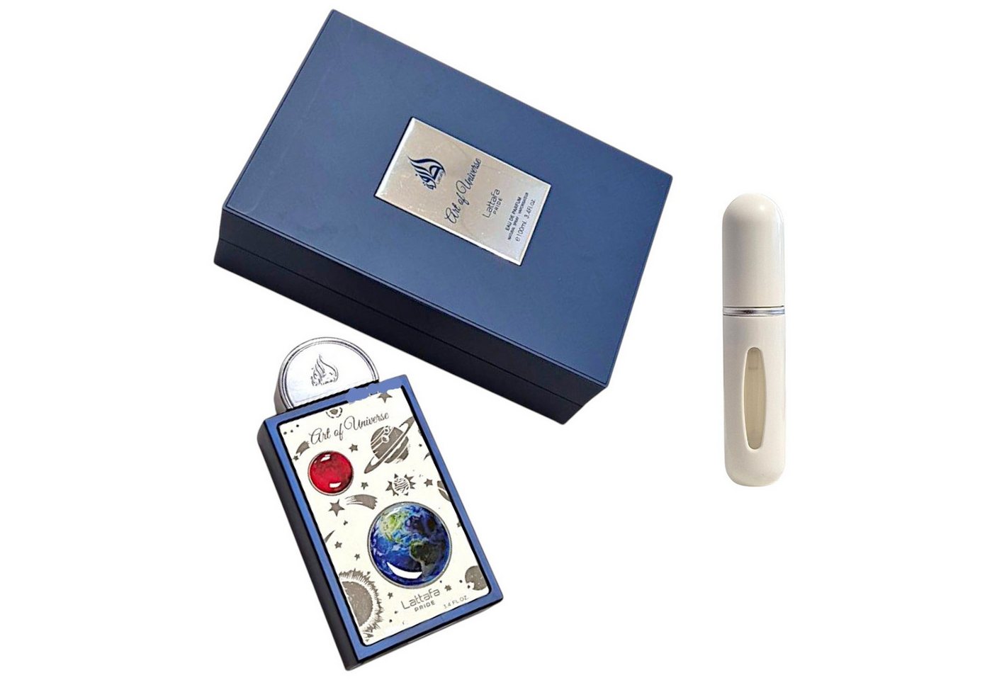 Lattafa Duft-Set Pride Art Of Universe EDP Frische Duft + Parfümzerstäuber leer