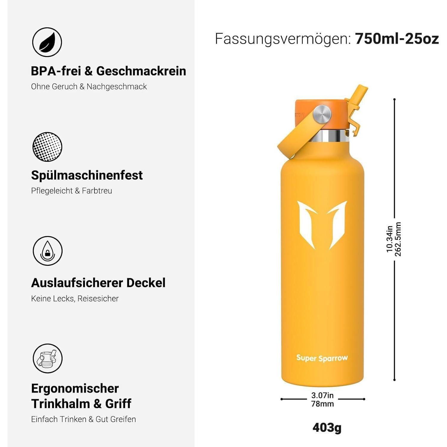 LuxusKollektion Thermoflasche Trinkflasche Edelstahl BPAfrei Strohhalm 500ml 750ml 1L 750 ml C Mango
