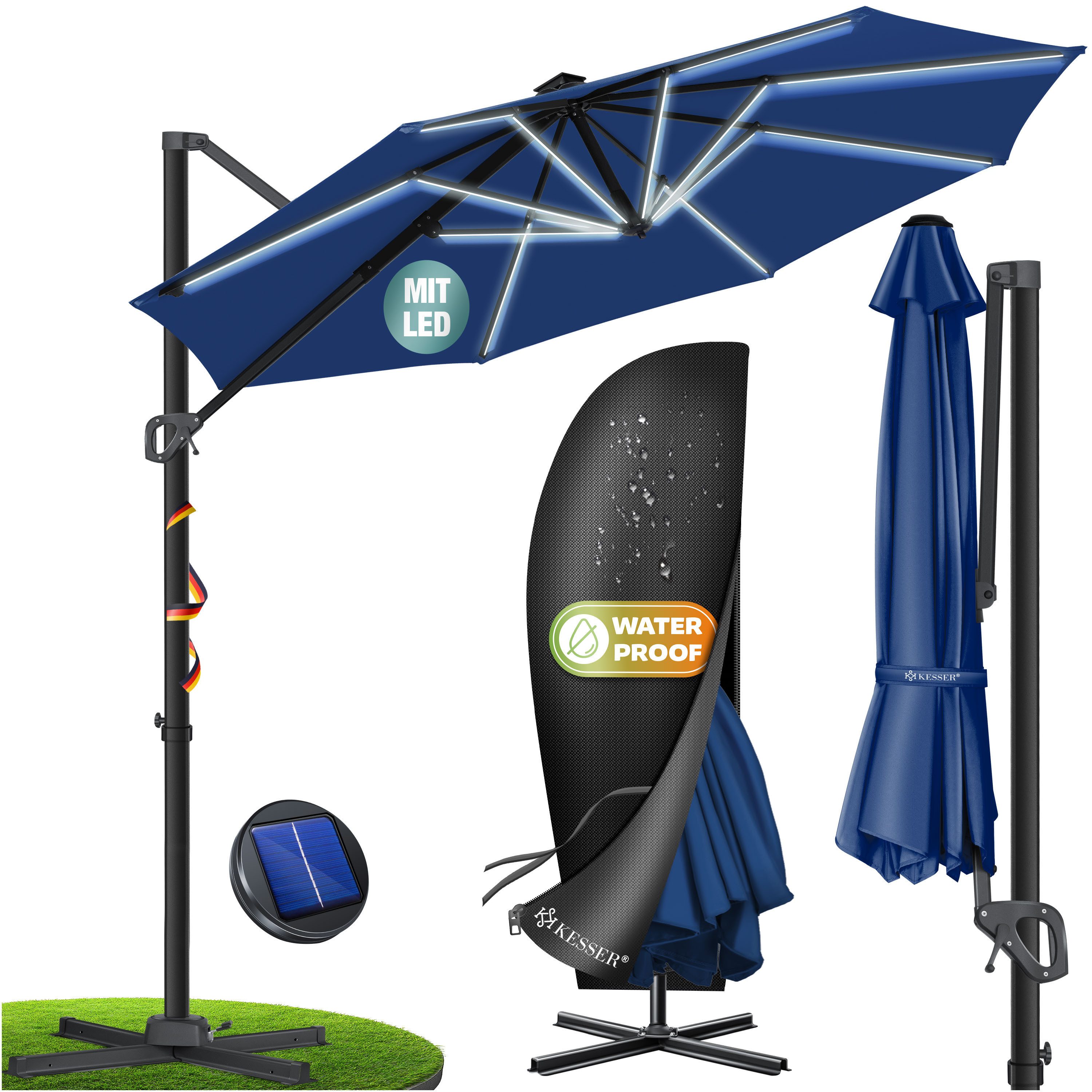 KESSER Ampelschirm, Sonnenschirm SUN Rund XL Ø330 cm 360° Drehbar inkl. Abdeckung