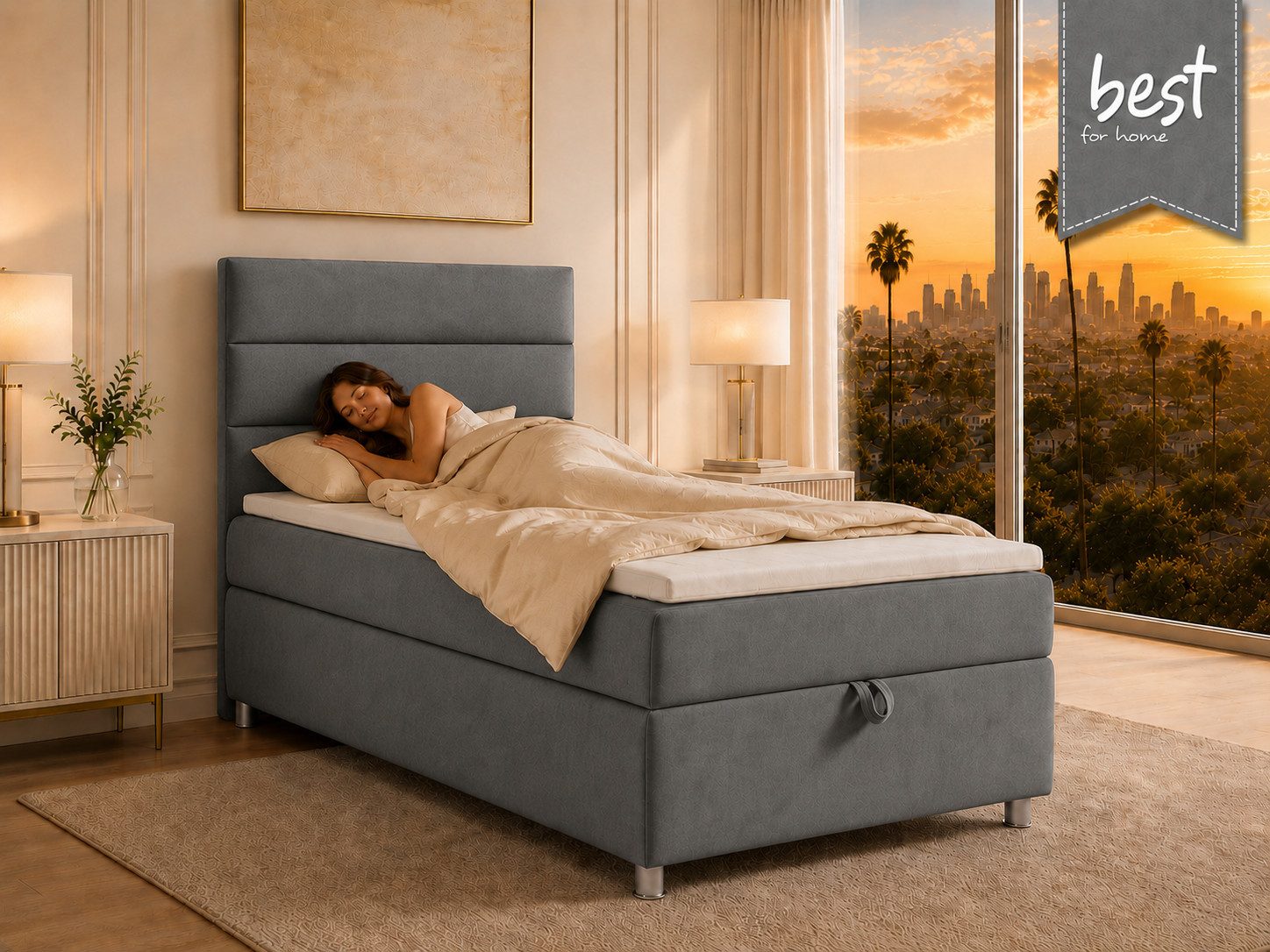 Best for Home Boxspringbett Trinity K-4 Single 5cm Topper Bonell Bettkasten (Einzelbett, Polsterbett mit gepolstertes Kopfteil, Jugendbett, Kinderbett versch. Größen, 1-St., 70x200 80x200 90x200 100x200 cm), Stauraum; ergonomischer Schlafkomfort; modernes Design