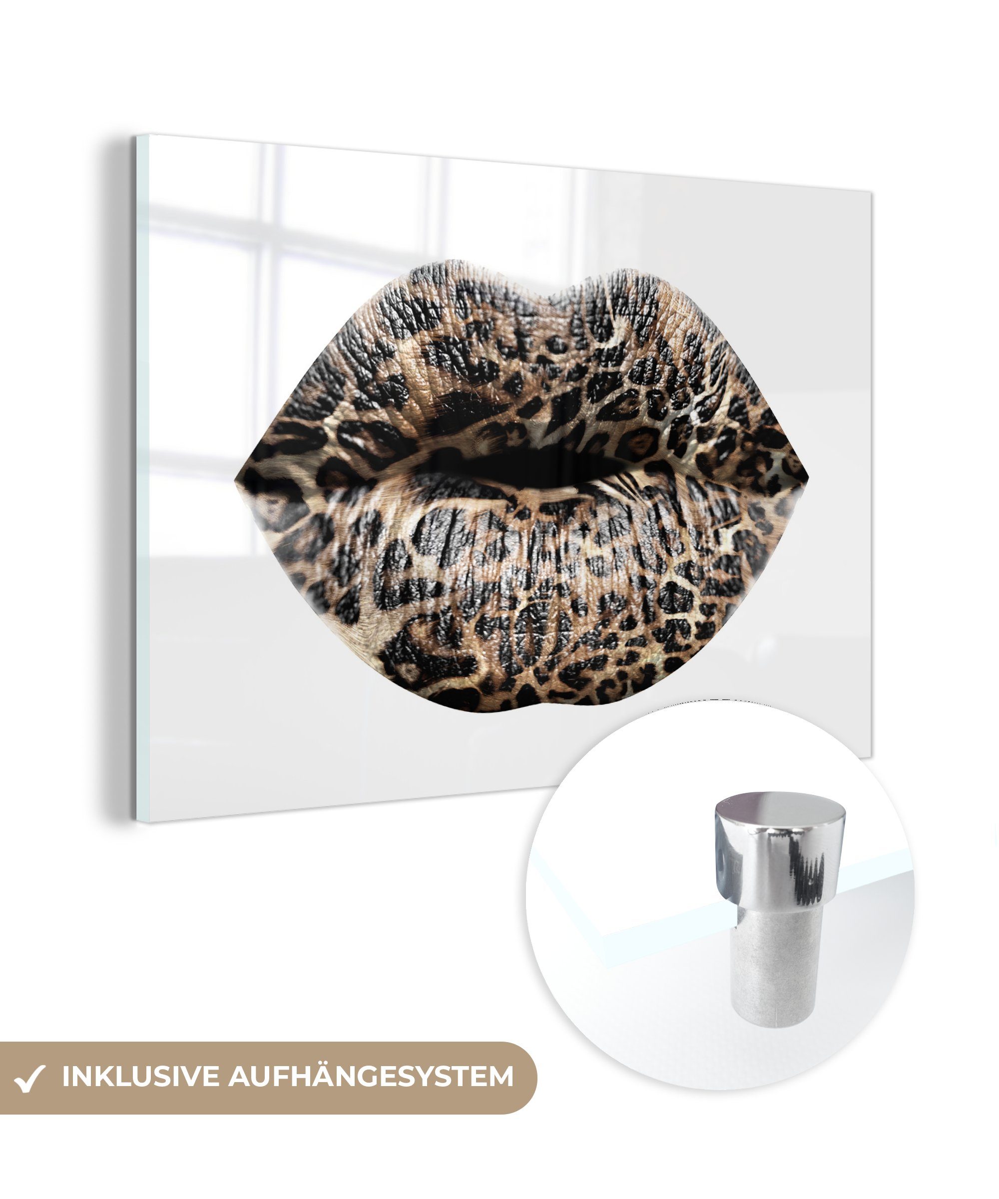 MuchoWow Acrylglasbild Lippen - Tigerdruck - Weiß, (1 St), Glasbilder - Bilder auf Glas Wandbild - Foto auf Glas - Wanddekoration