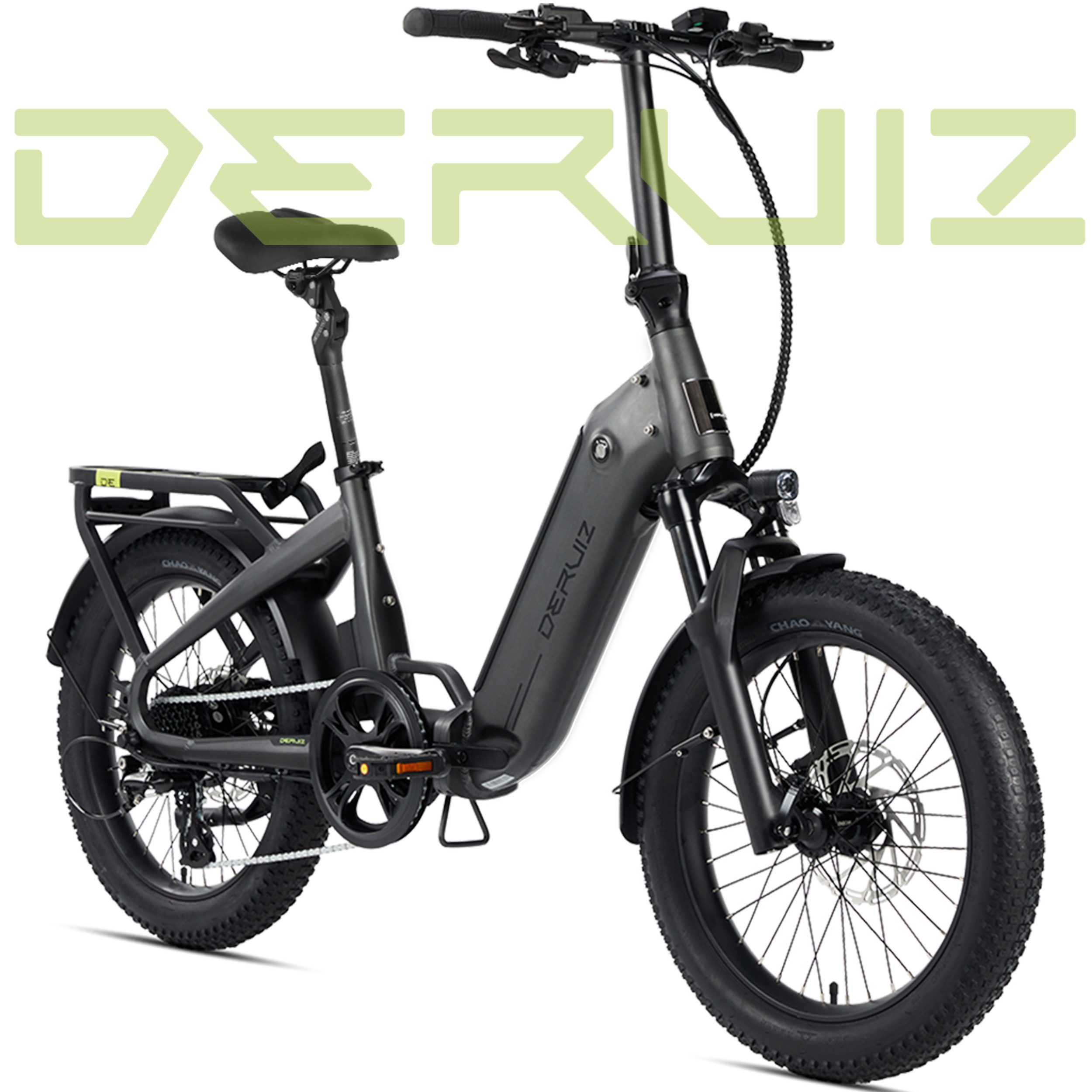 DERUIZ E-Bike Klapprad 20x3,0 Zoll, max. 140km, Federsattelstütze, 5 Stufen, mit Bluetooth, 8 Gang SHIMANO SHIMANO ALTUS 11-32T Schaltwerk, Kettenschaltung, Heckmotor, 500 Wh, (mit Werkzeug, mit Akku-Ladegerät), RH:36cm, Bremslicht, Gepäckträger (max.50kg), hydraulische Bremsen