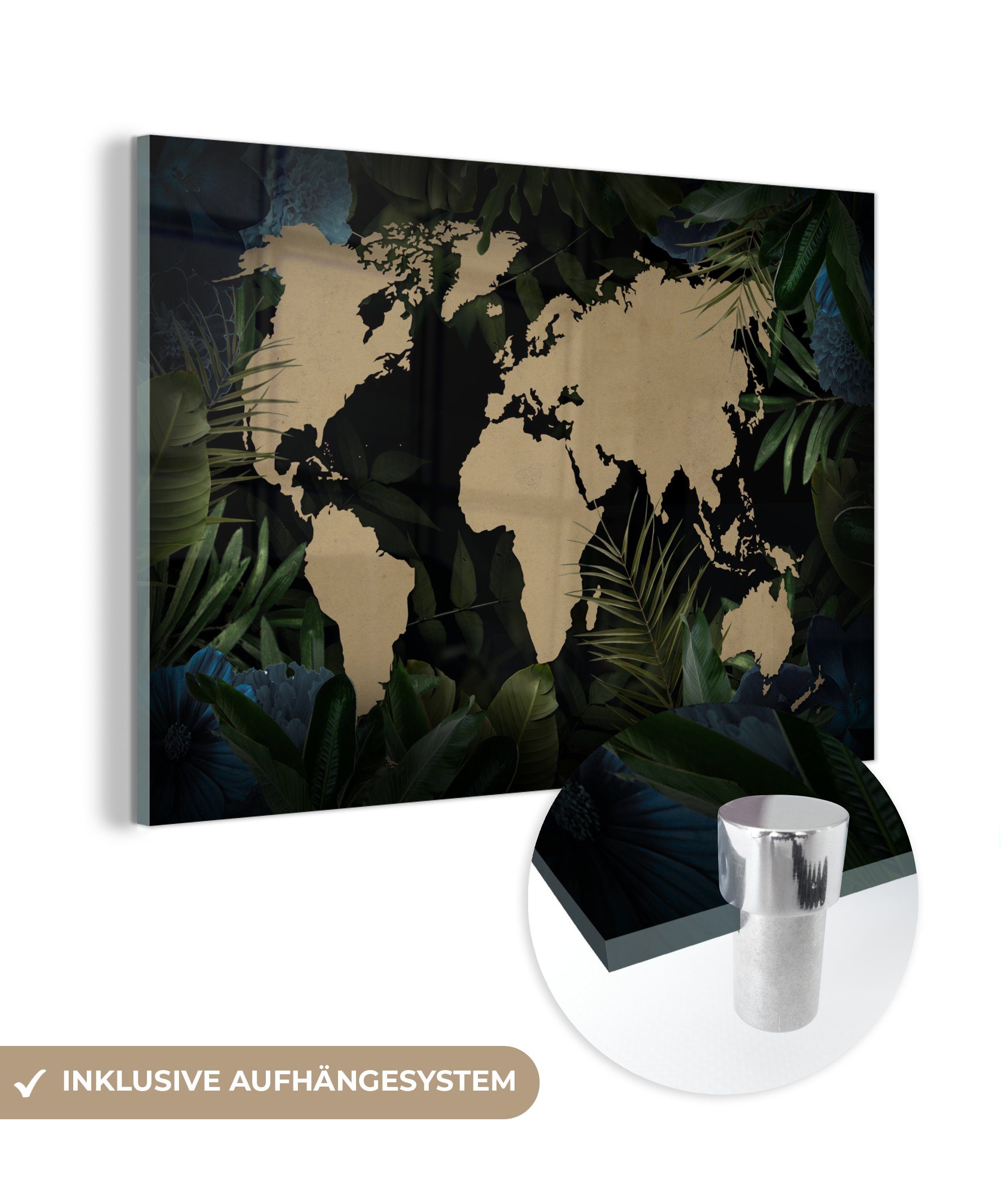Schwarz - - Glasbilder St), auf Wanddekoration - Acrylglasbild auf Weltkarte Wandbild - (1 Bilder - Foto Blätter, Glas MuchoWow Glas
