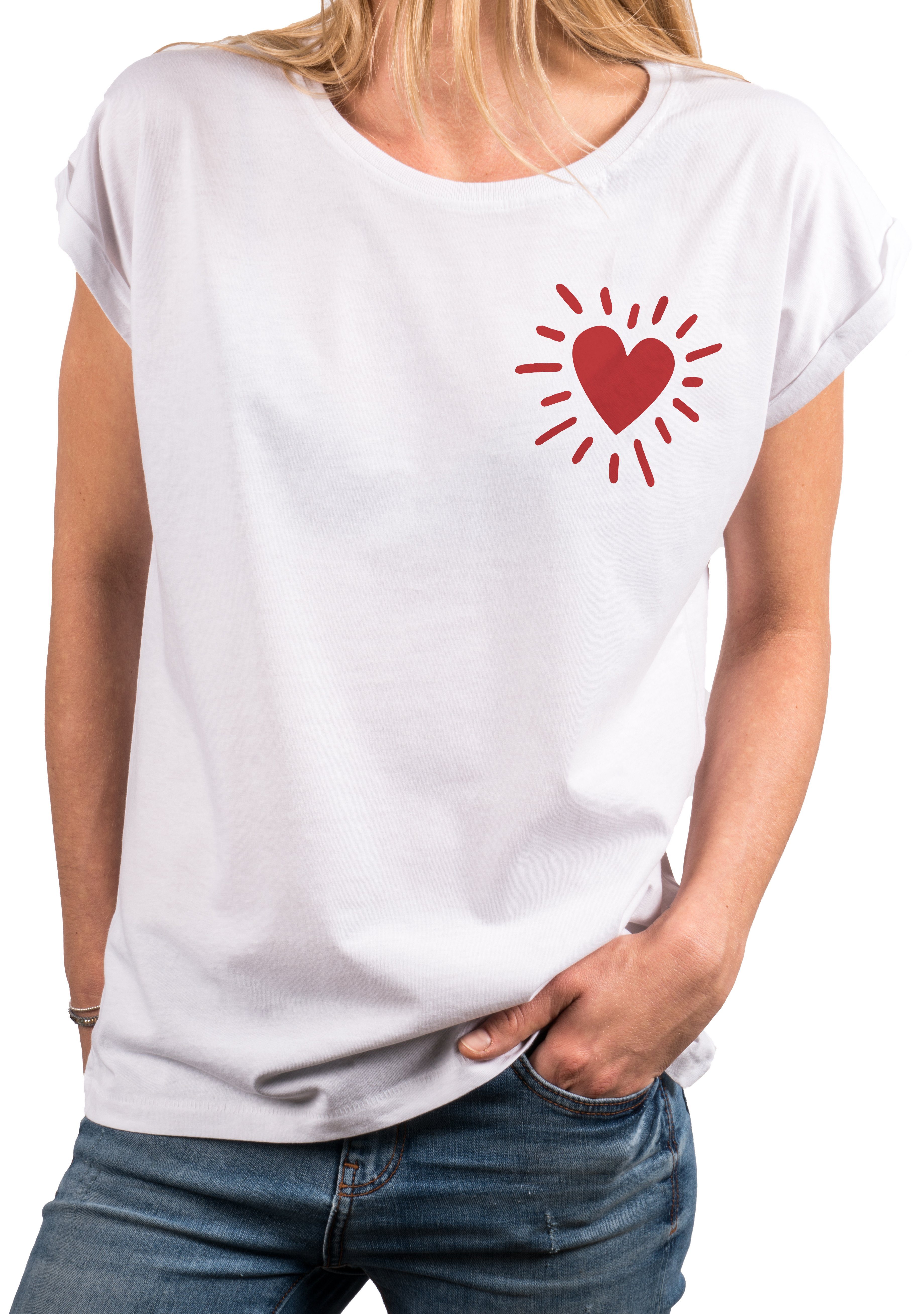 Herz Modische Frauen Kurzam Damen Top MAKAYA Aufdruck Motiv Print-Shirt Baumwolle Heart Herzen Oberteile, Druck