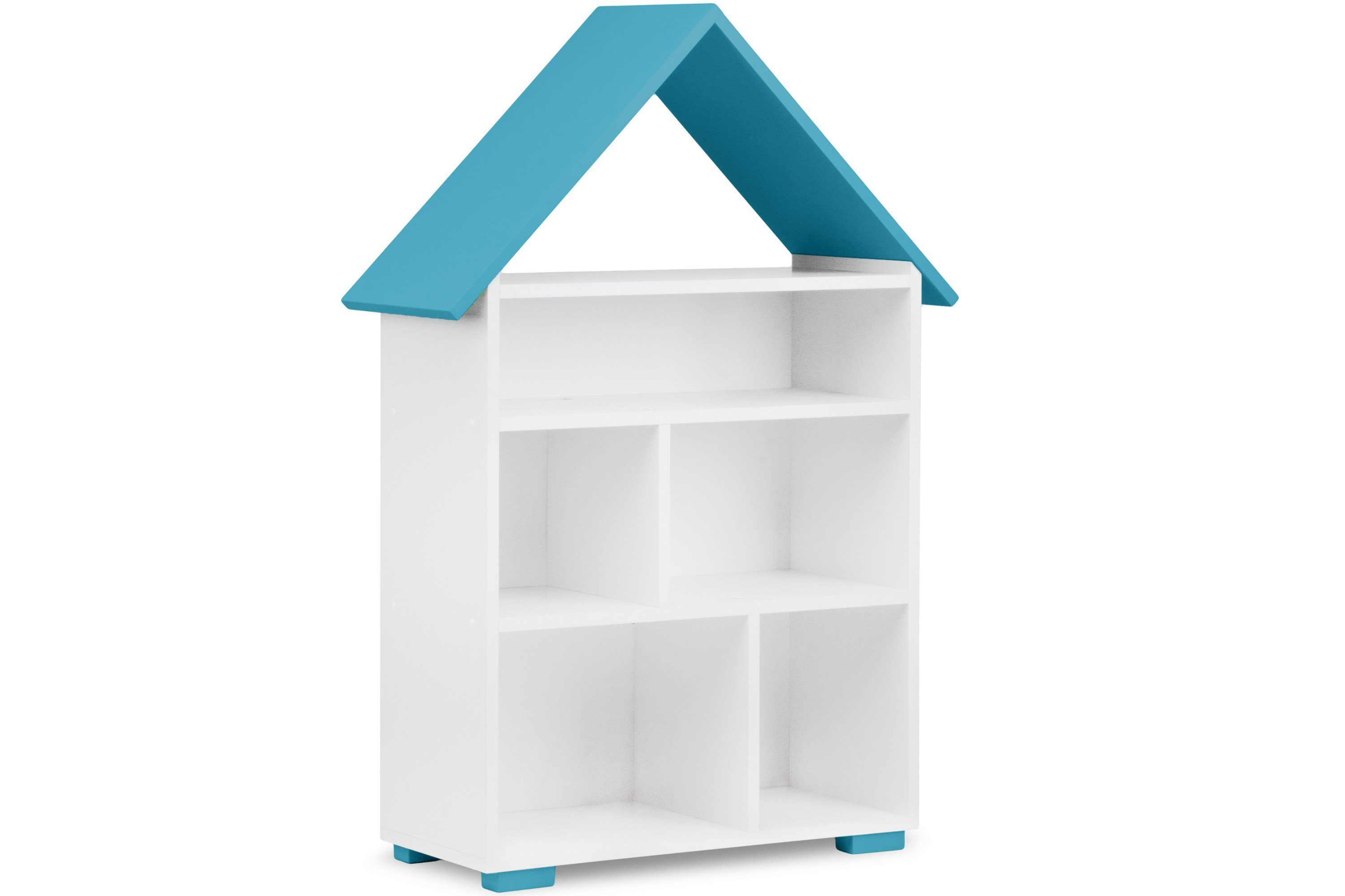 Konsimo Kinderregal PABIS Kinder Bücherregal Hausform, geräumig, in Pastellfarben, ABS-Kanten weiß/blau