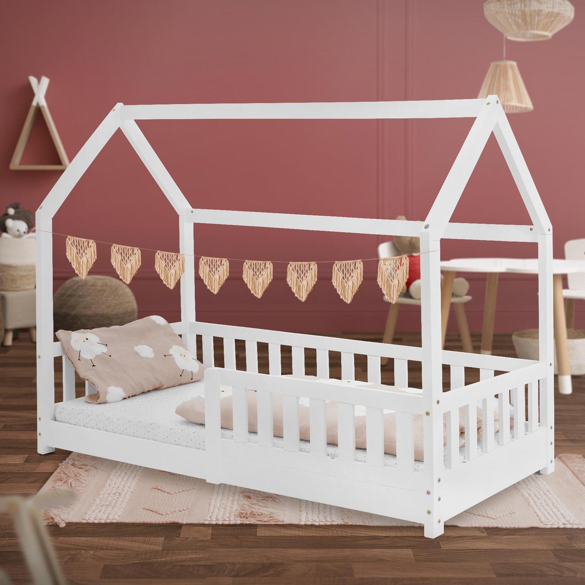 ML-DESIGN Bett Kinderbett mit Rausfallschutz Lattenrost und Dach 80x160 cm  Weiß, Rausfallschutz