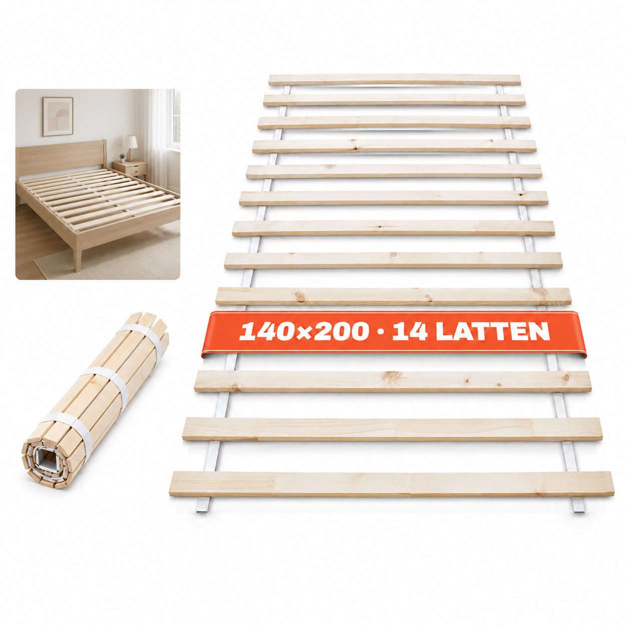 Lattenrost Rollrost 14 oder 23 Latten, 80x200, 90x200, 120x200, 140x200, Wolkenland, PREMIUM, 400kg Tragkraft, Universal, Hergestellt in Europa