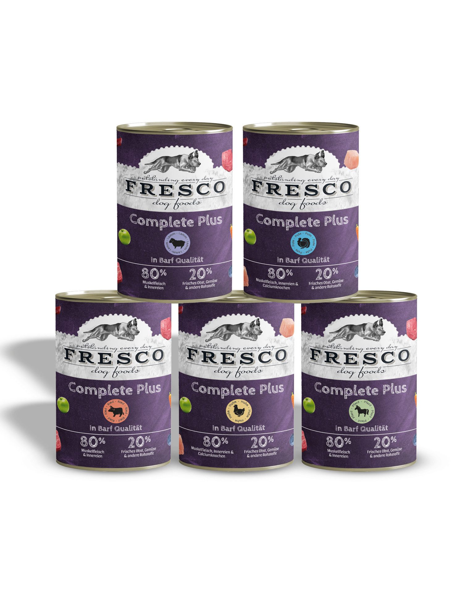 Fresco Dog NassBarf PROBIERPAKET Hundefutter Nass 5 x 400g, Nassfutter für: Hunde, Getreidefrei mit Huhn, Rind, Pferd, Lamm und Pute