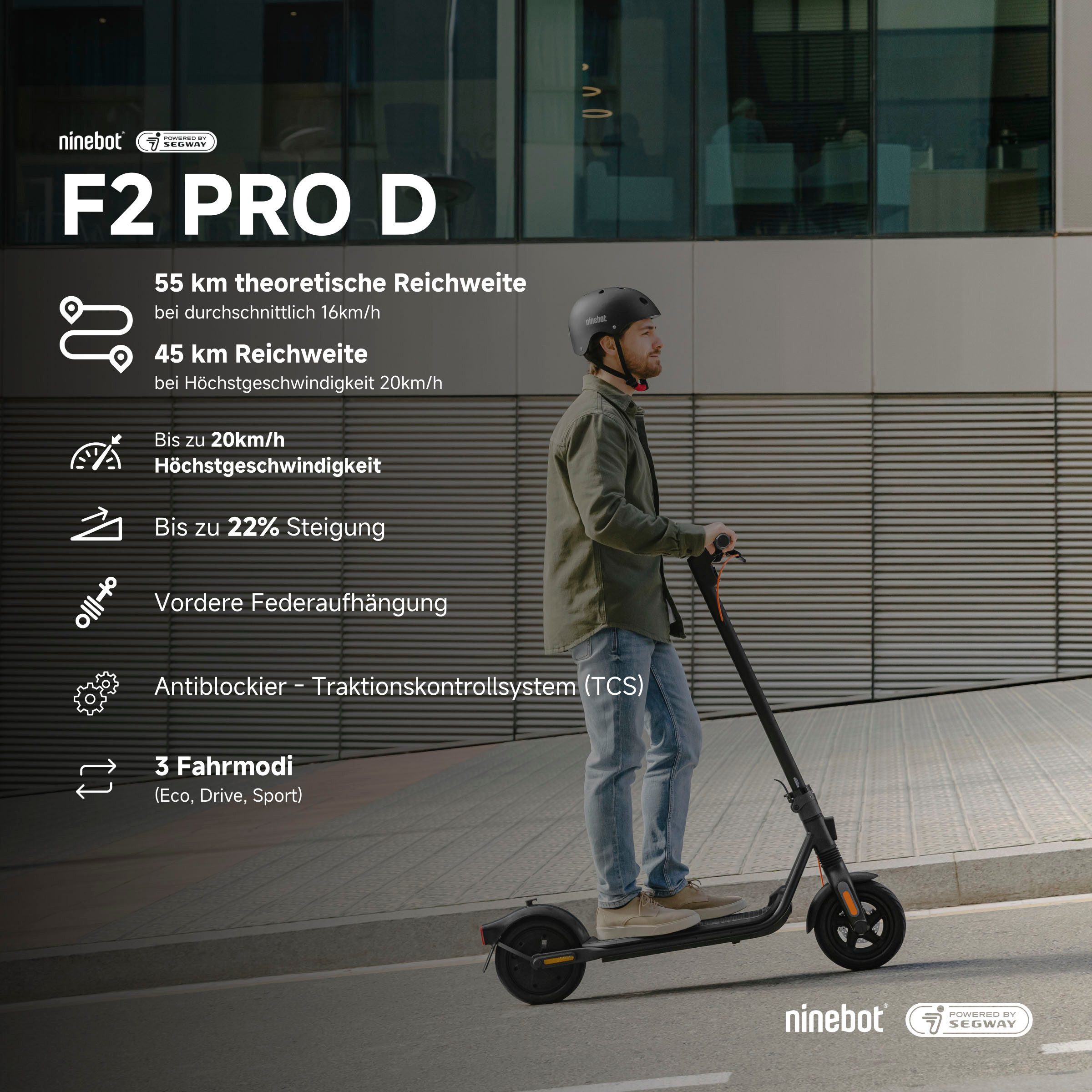 Segway E-Scooter KickScooter F2 PRO D, 20 km/h, Ninebot E-Scooter, mit Straßenzulassung, bis zu 55 km Reichweite