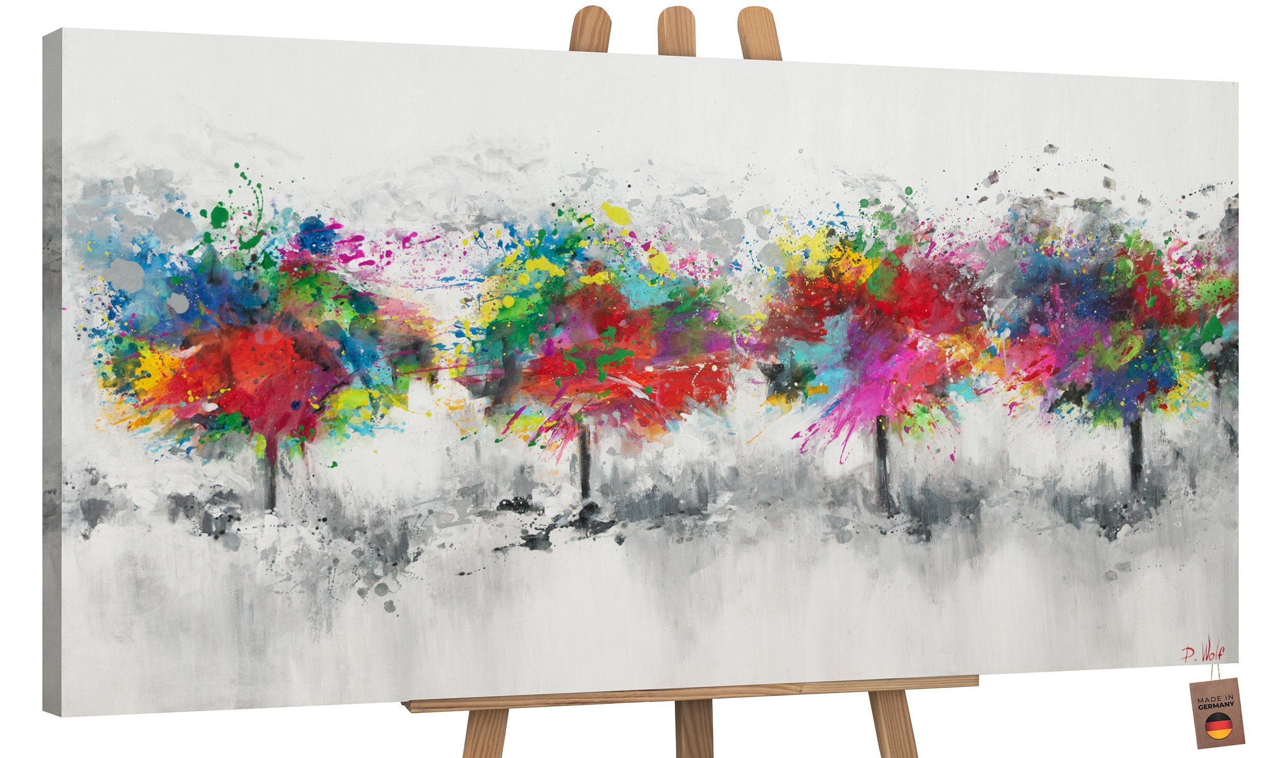 YS-Art Gemälde Bunter Wald, Abstrakte Bilder, Leinwandbild Bunte Baumlandschaft auf Grauem Hintergrund