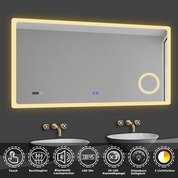 duschspa Badspiegel Kalt/Neutral/Warmweiß Spiegel mit LED Beleuchtung Dimmbar Beschlagfrei, Touch/Wandschalter, Bluetooth 5.0, Schminkspiegel, Uhr