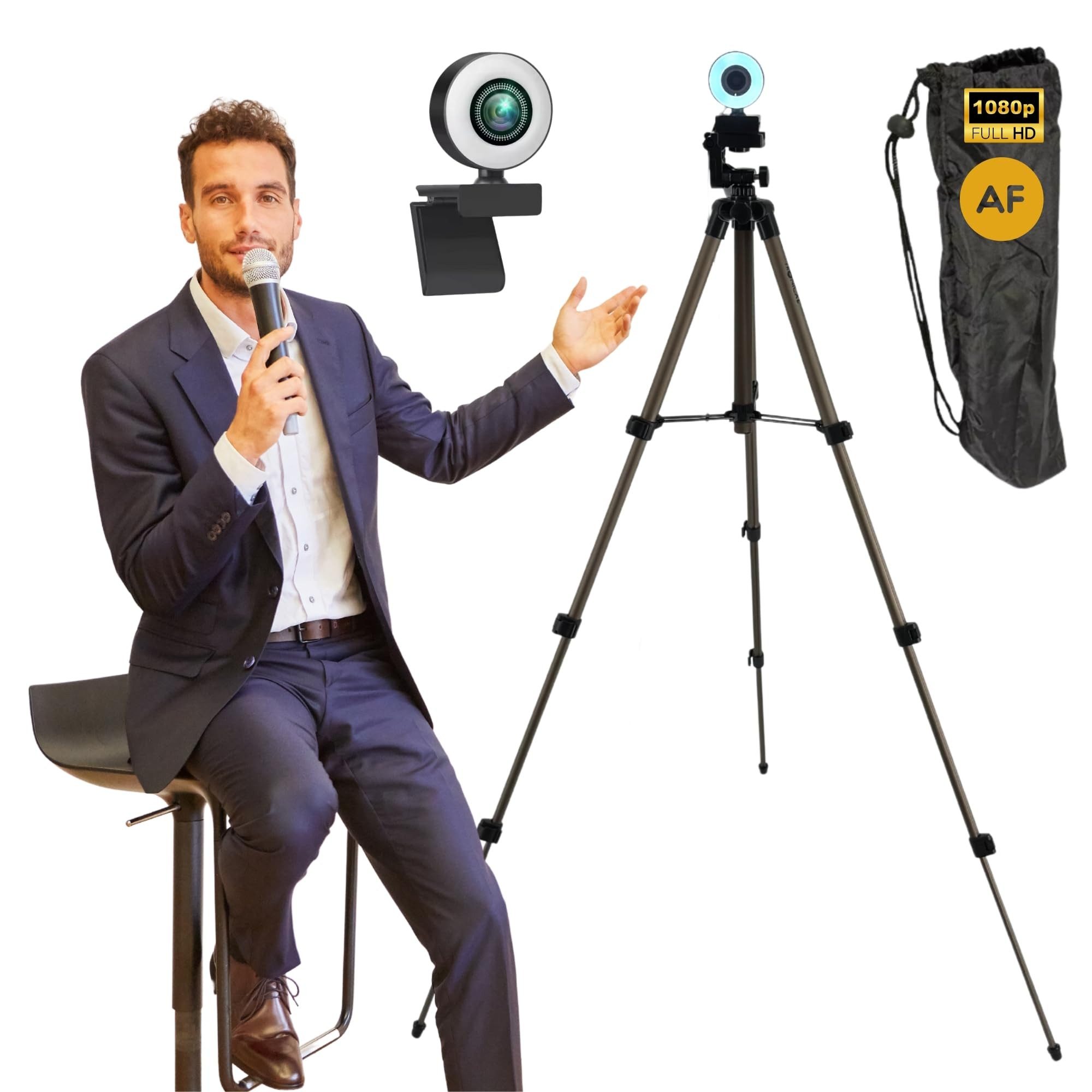 TronicXL Autofokus Webcam mit Ringlicht Lampe + 113cm Stativ Full HD 1920x1080p Full HD-Webcam (Live Stream Streaming, für Computer PC Windows 7 10 11 Kamera)