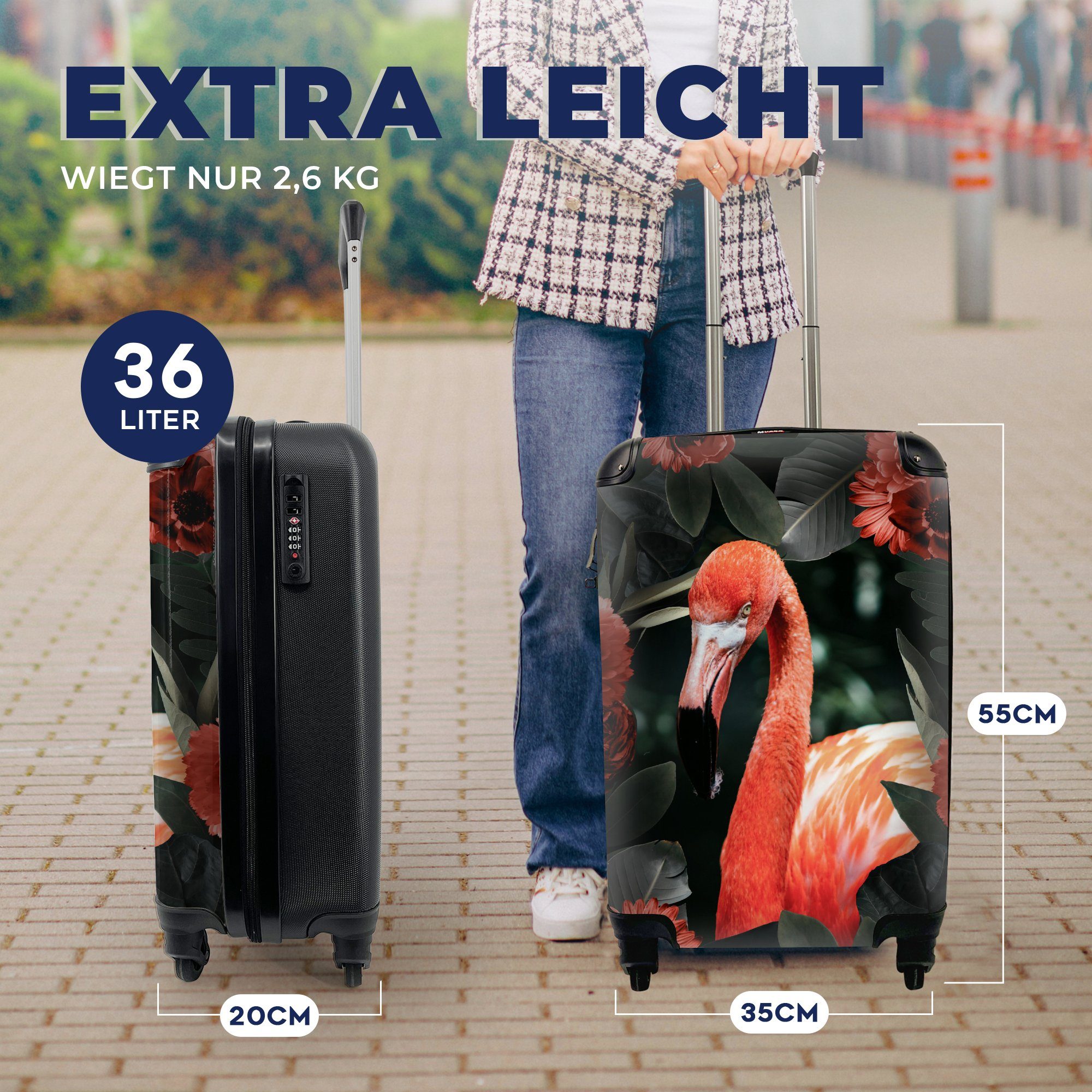 Handgepäckkoffer Trolley, für Rollen, Ferien, - Blume, Rot - rollen, 4 mit MuchoWow Reisekoffer Flamingo Reisetasche Handgepäck