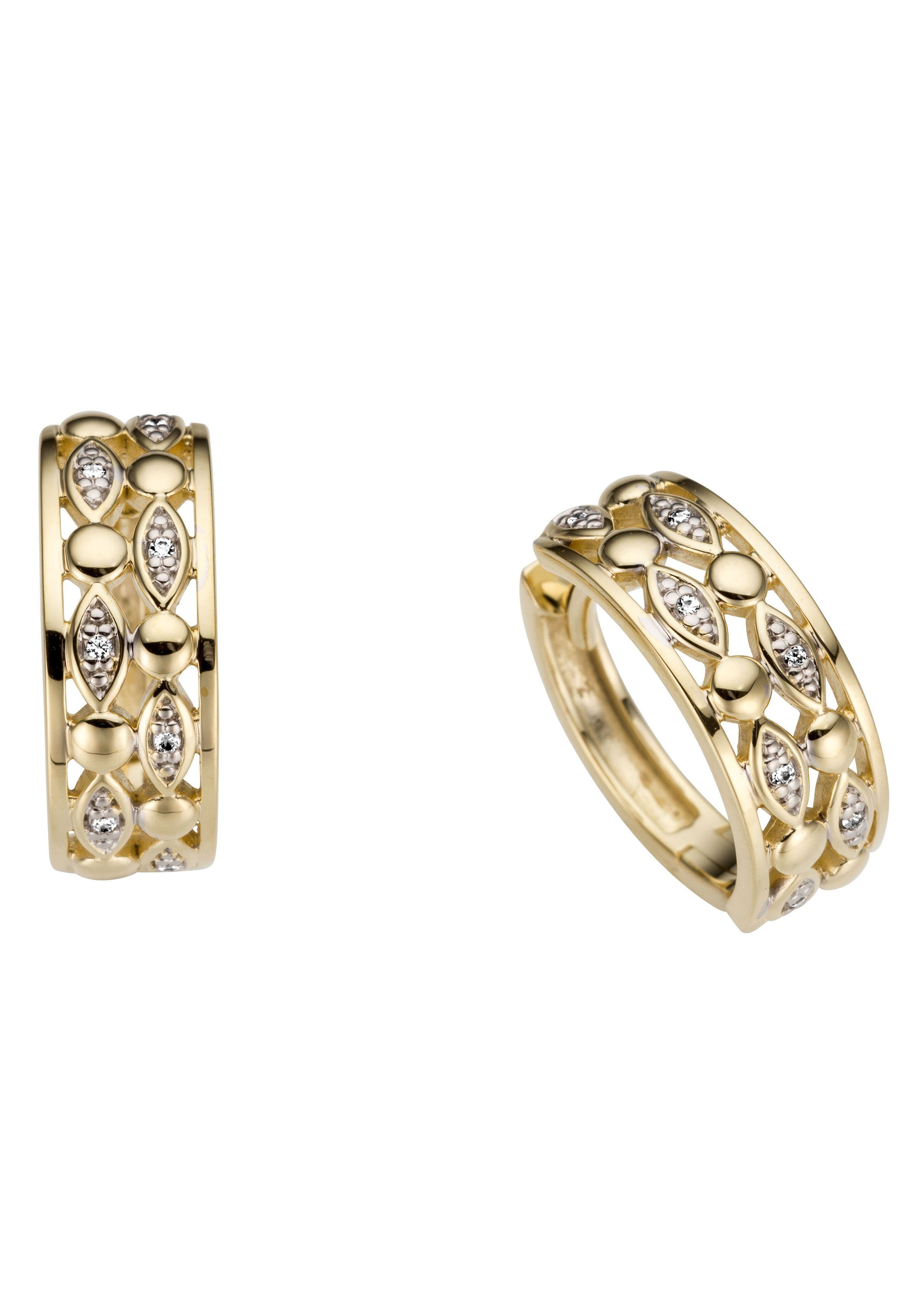 Firetti Paar Creolen Schmuck Geschenk Gold 585, Zeitlos, teilw. rhodiniert, mit Brillant - Verschnittfassung