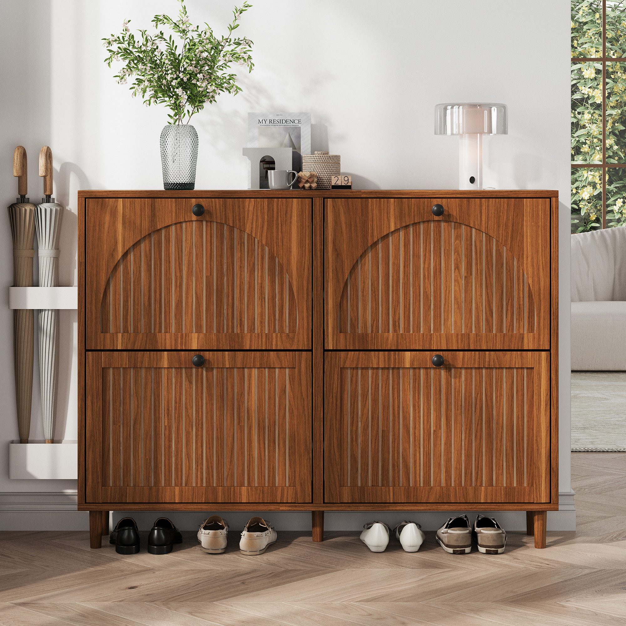Merax Schuhschrank in Walnussholz-Optik (Schuhregal Schuhaufbewahrung für Eingangsbereich, 1-St) Schuhkommode mit 4 Kipptüren, 8 Fächern & Stauraum, 120x24x90cm