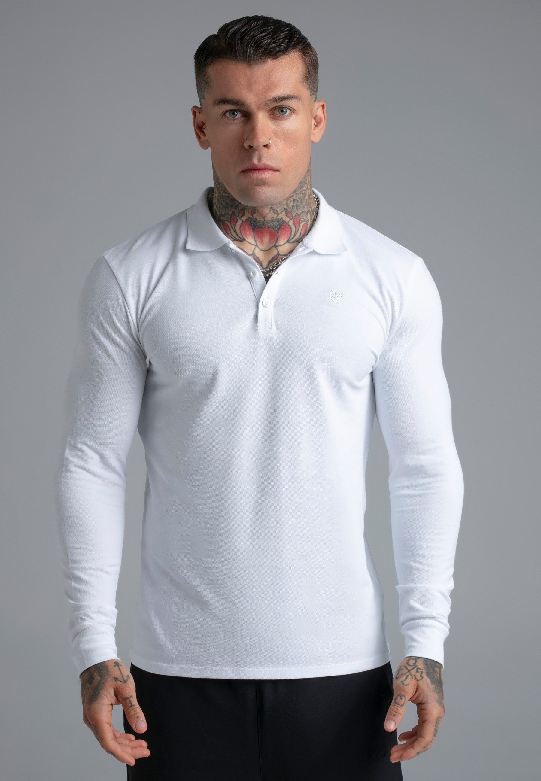 T-Shirt SikSilk Herren Weißes Langarm Button-Polo