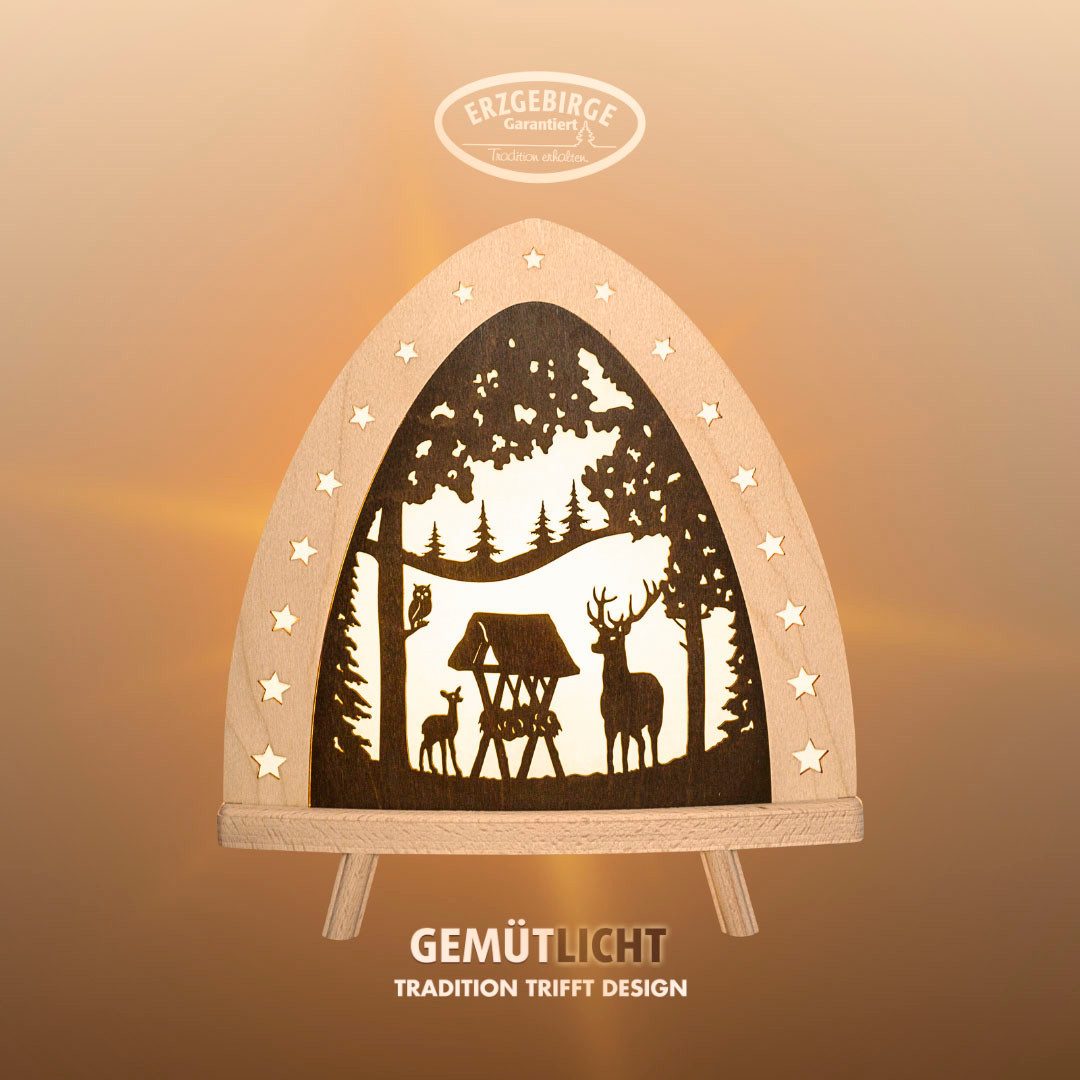 Weigla Lichterbogen LED Hirsch, Holz Dekolampe, Winterdeko, NATUR-BRAUN, Made in Germany (1-tlg), Erzgebirge garantiert, Weihnachtsdeko Innen, Weihnachtsbeleuchtung