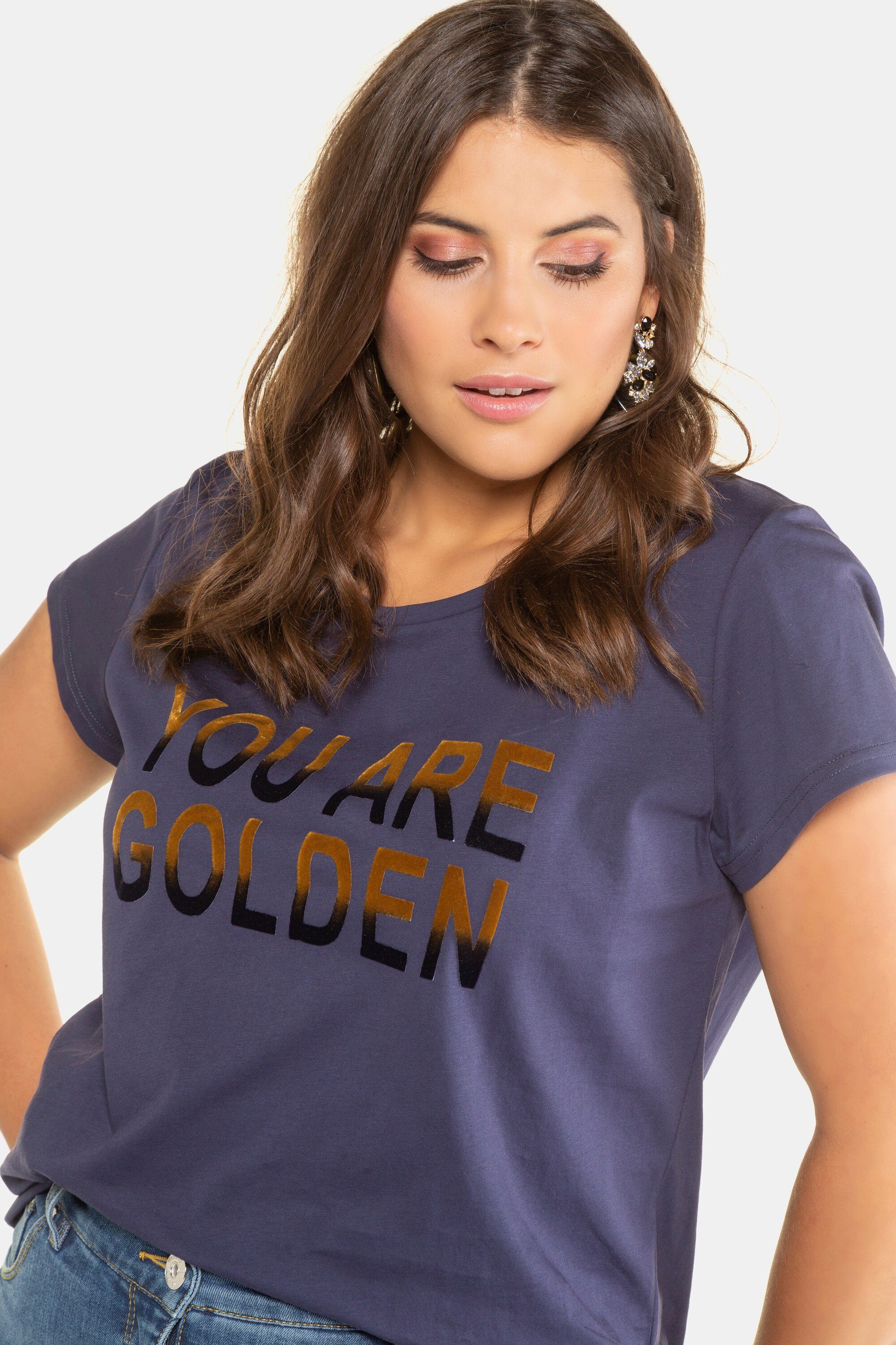 Studio Untold Rundhalsshirt Shirt Samt-Statement kurze Ärmel