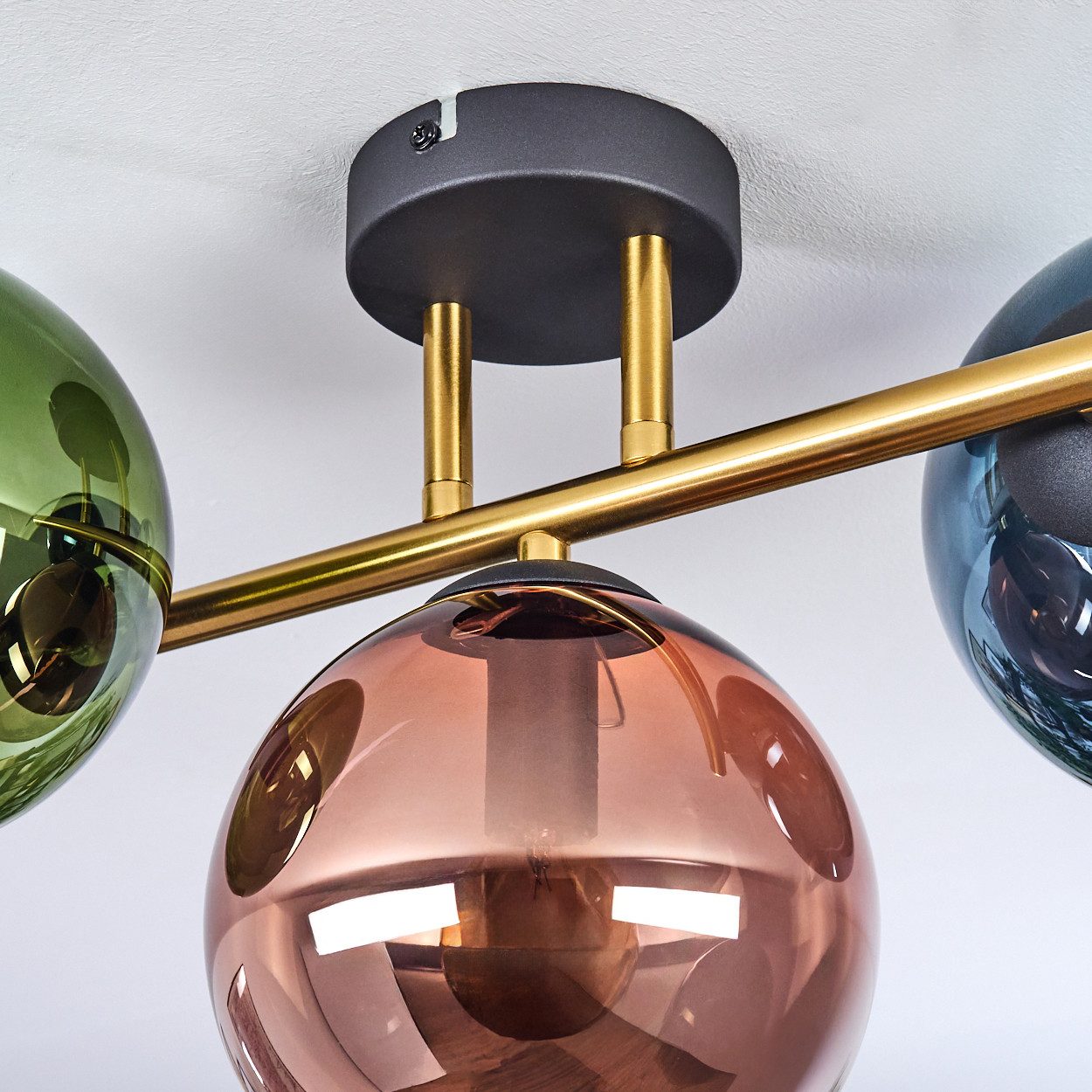 hofstein Deckenleuchte Deckenlampe aus Metall/Glas in Schwarz/Gold/Blau/Grün/Kupfer, moderne Deckenleuchte im Retro/Vintage-Design (Schirme 15 cm), 3xE14