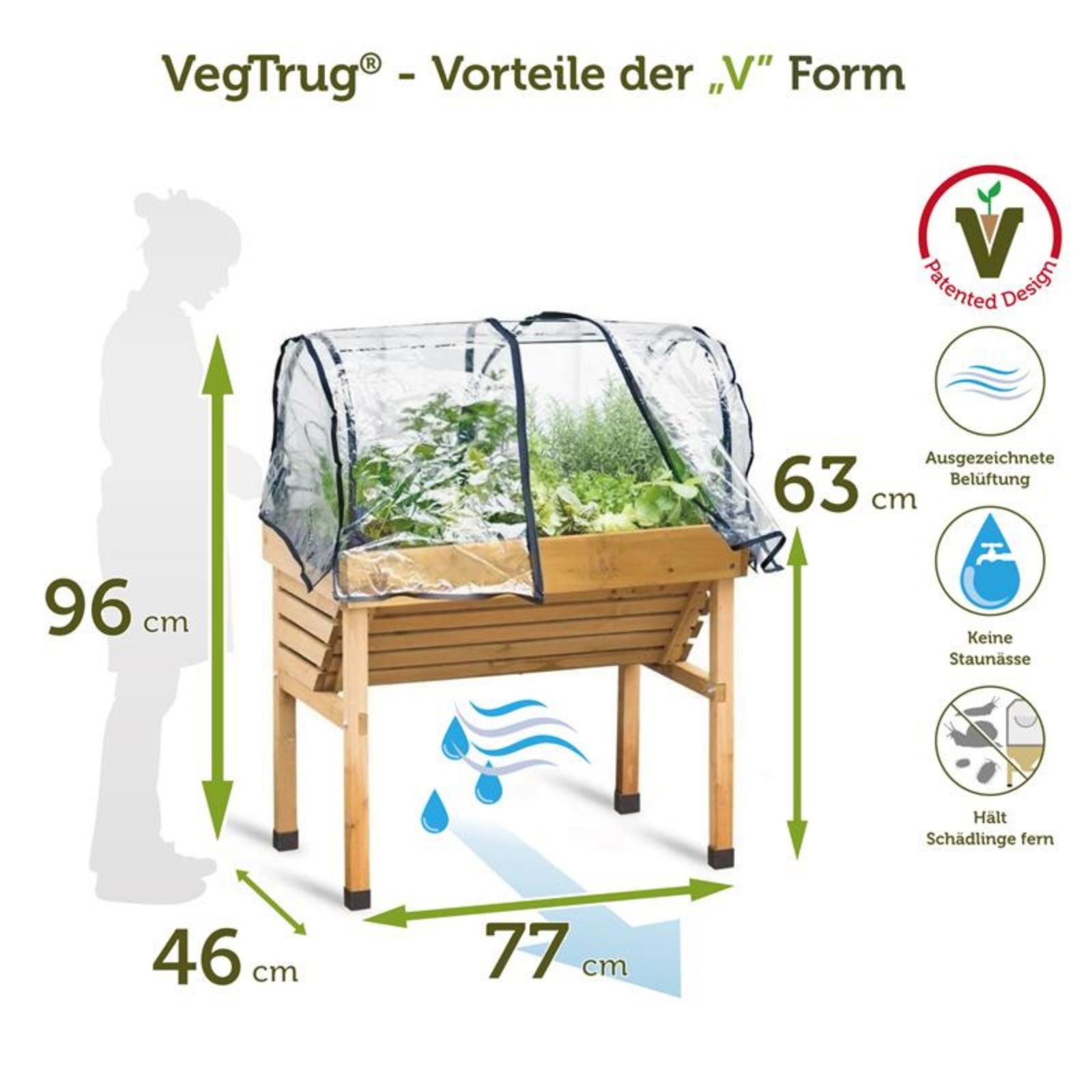 VegTrug Hochbeet Wallhugger S - SET mit Gewächshaube, 96x77x46cm - einzigartige V-Form für flaches & tiefes Pflanzenwachstum