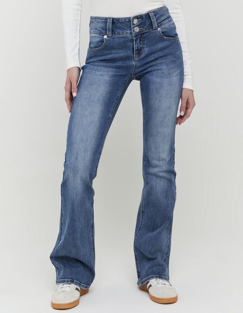 Tally Weijl Bootcut-Jeans SPADECYNTIA Baumwollmischung, Low Waist, mit doppeltem Knopf am breiten Bund