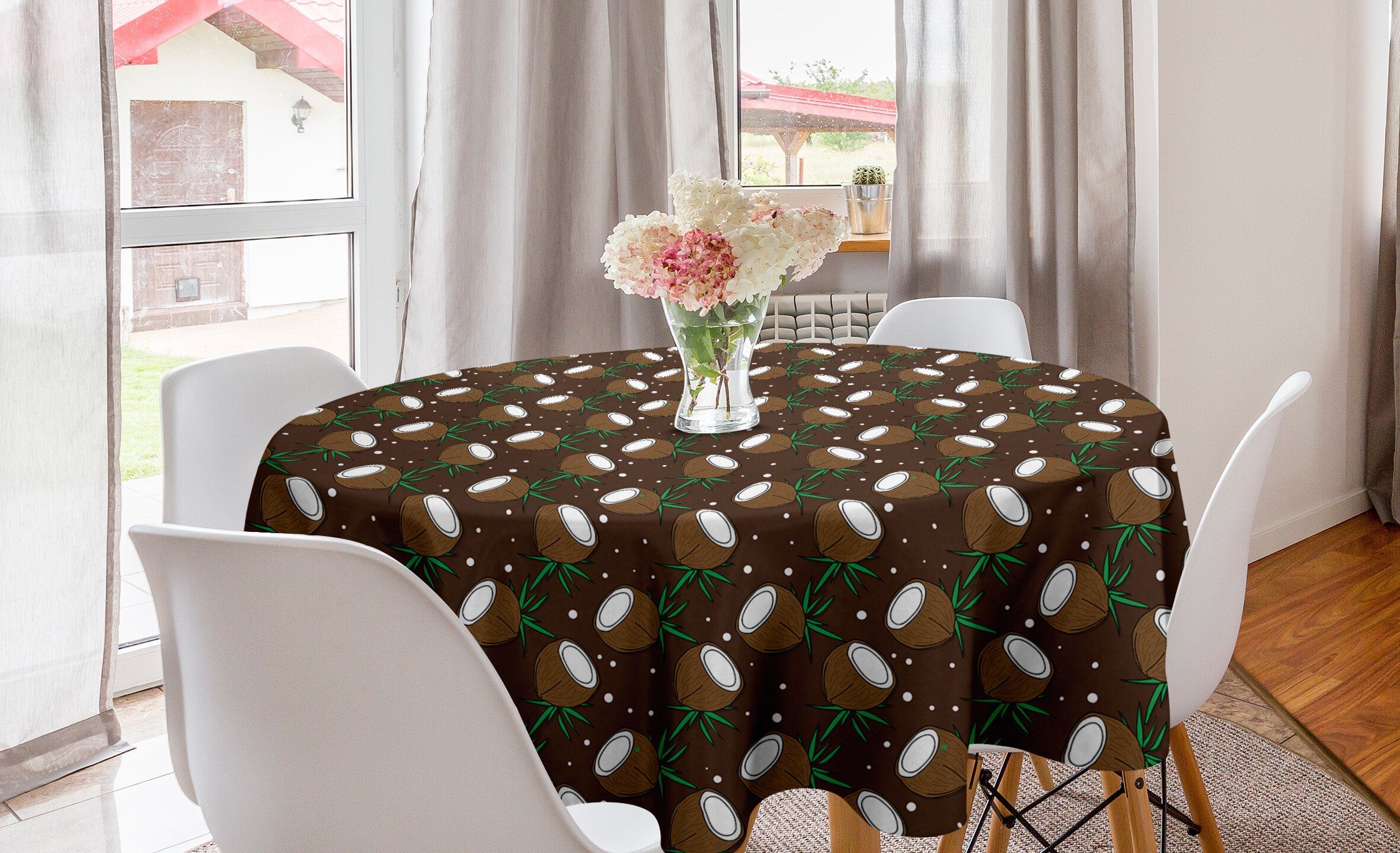 Abakuhaus Tischdecke Kreis Tischdecke Abdeckung für Esszimmer Küche Dekoration, Schokoladenbraun Halbierte Kokosnuss Dots