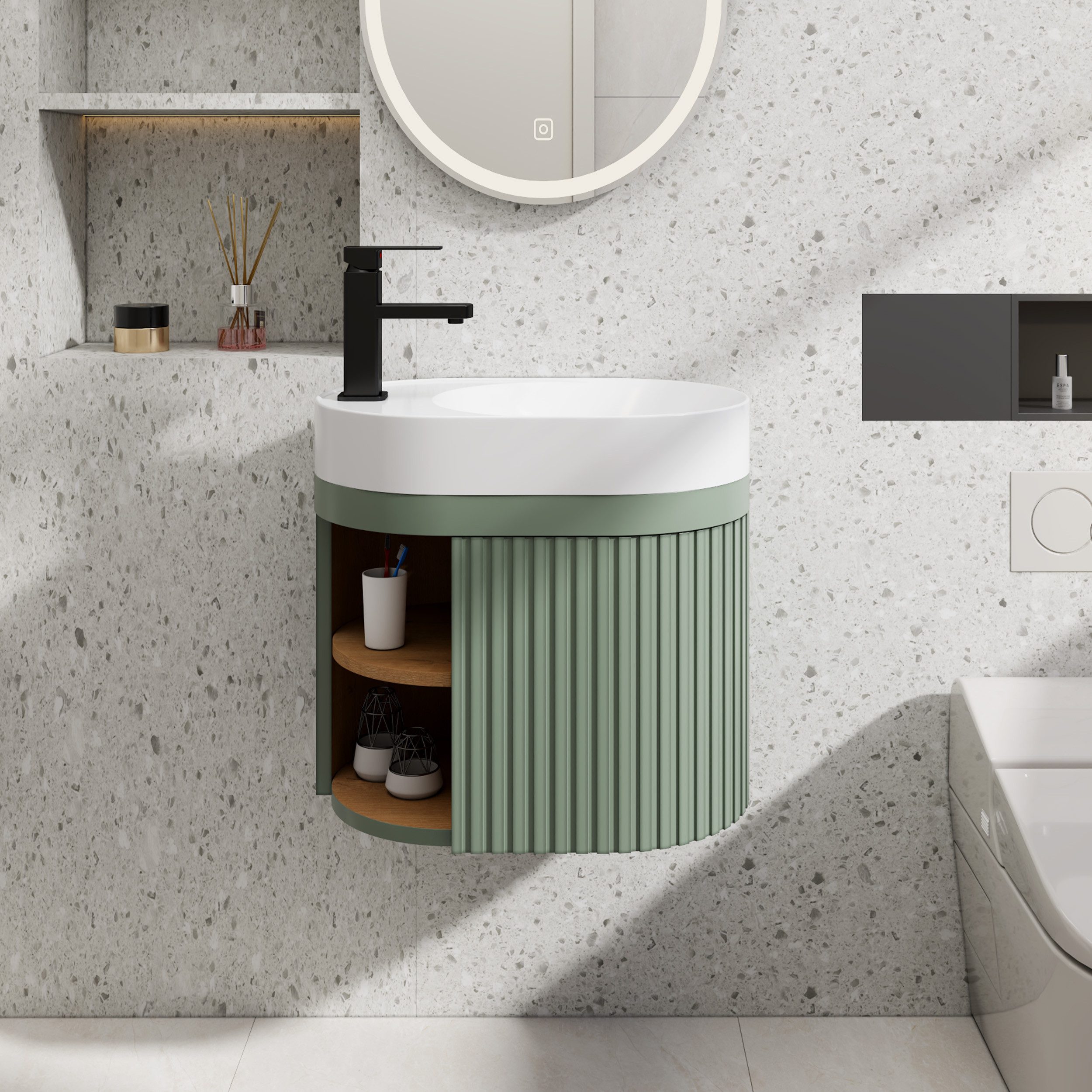 UEV Waschtisch klein Waschbecken mit Unterschrank 50cm gebogen,Gäste-WC (Breit 50cm, Komplett-Set, Badmöbel Set für Badezimmer/Gäste-WC, Unterschrank mit Harzbe – Bild 2 von 5