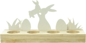 Dekoleidenschaft Teelichthalter "Osterwiese" aus Holz & 5 Porzellan Figuren: Hasen + Ostereier + Gras, Osterdeko, Kerzenboard, Lichterboard, Kerzenleiste, Kerzenhalter