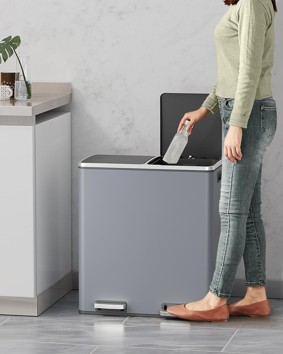 TLGREEN Mülleimer mit 2 Fächern, Abnehmbarer Innenlauf, Küchen Mülltrennsystem, 2x 30L, Pedal, Anti Fingerabdruck