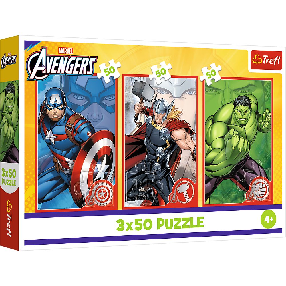Trefl Puzzle Kinderpuzzle Legespiel Superhelden, 150 Puzzleteile, 3 Puzzles à 50 Teile, Marvel-Motive, 275x180 mm