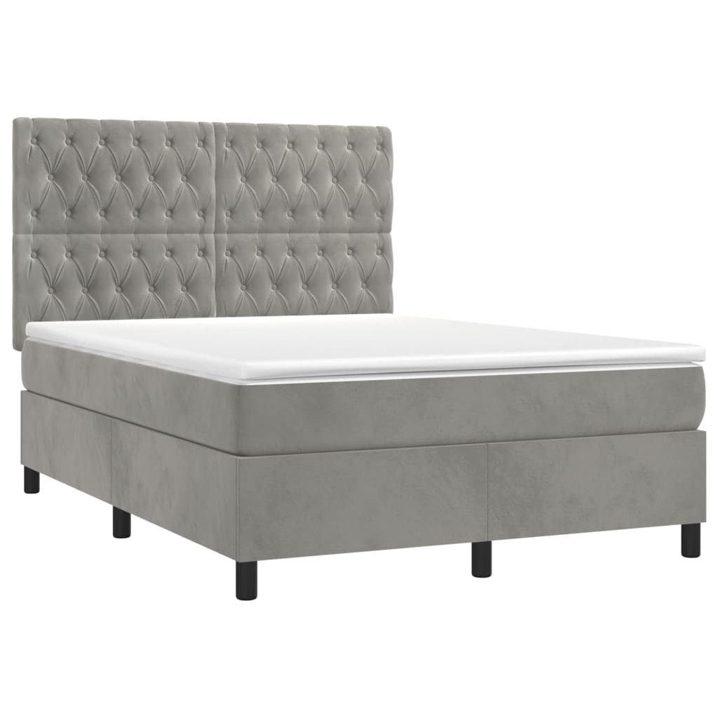 vidaXL Bett Boxspringbett mit Matratze & LED Hellgrau 140x200 cm Samt