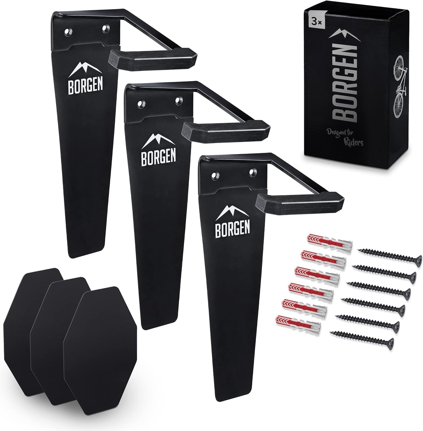 Borgen Fahrrad-Montageständer Borgen Fahrrad Wandhalterung Verikal 3-er Set für MTB, Rennrad