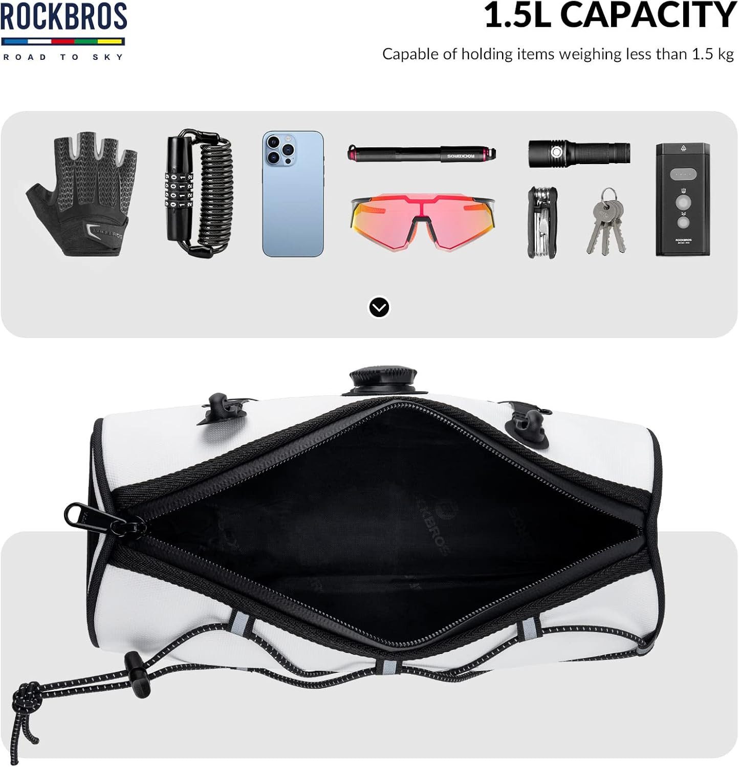 ROCKBROS Fahrradtasche 1,5L wasserabweisende reflektierende Fahrradlenkertasche Weiß