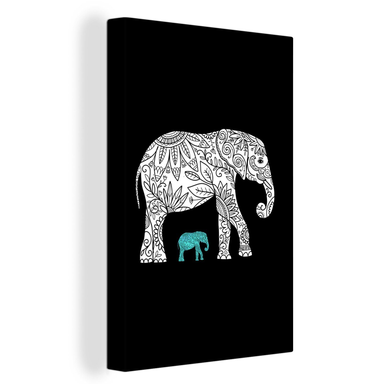 OneMillionCanvasses® Leinwandbild Elefant - Muster - Schwarz, (1 St), Leinwandbild fertig bespannt inkl. Zackenaufhänger, Gemälde, 20x30 cm