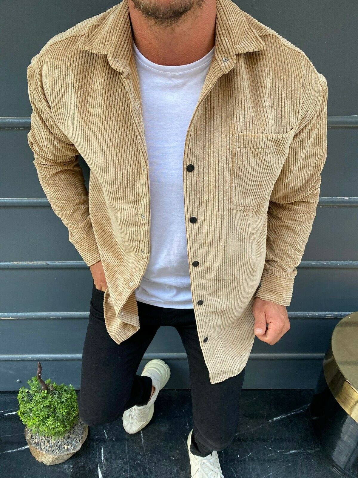 Langarmhemd Herren Cord Hemd Oversize Baumwolle Hemdjacke