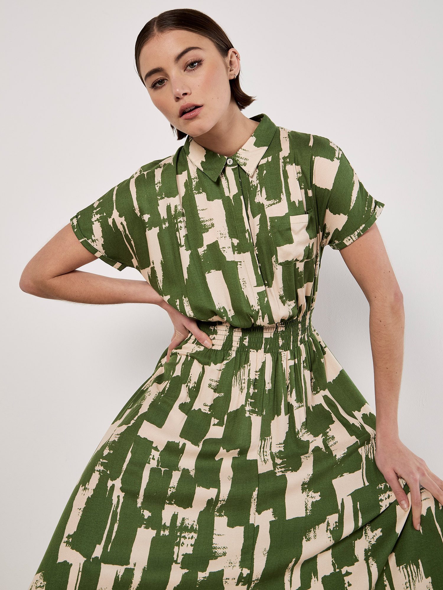 Apricot Hemdblusenkleid Midikleid mit Pinselstrichmuster günstig online kaufen